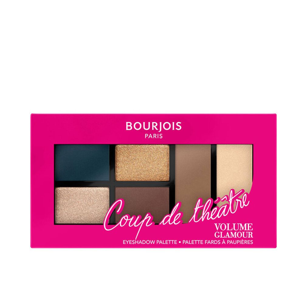 Lidschatten-Palette mit sechs Farbtönen in einer pinkfarbenen Verpackung. Aufschrift: Bourjois, Coup de théâtre, Volume Glamour.