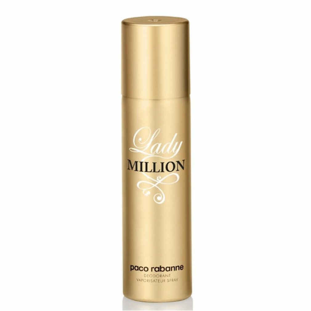 Goldfarbene Deodorant-Spraydose von Paco Rabanne Lady Million. Mit weißem Schriftzug Lady Million und Paco Rabanne.