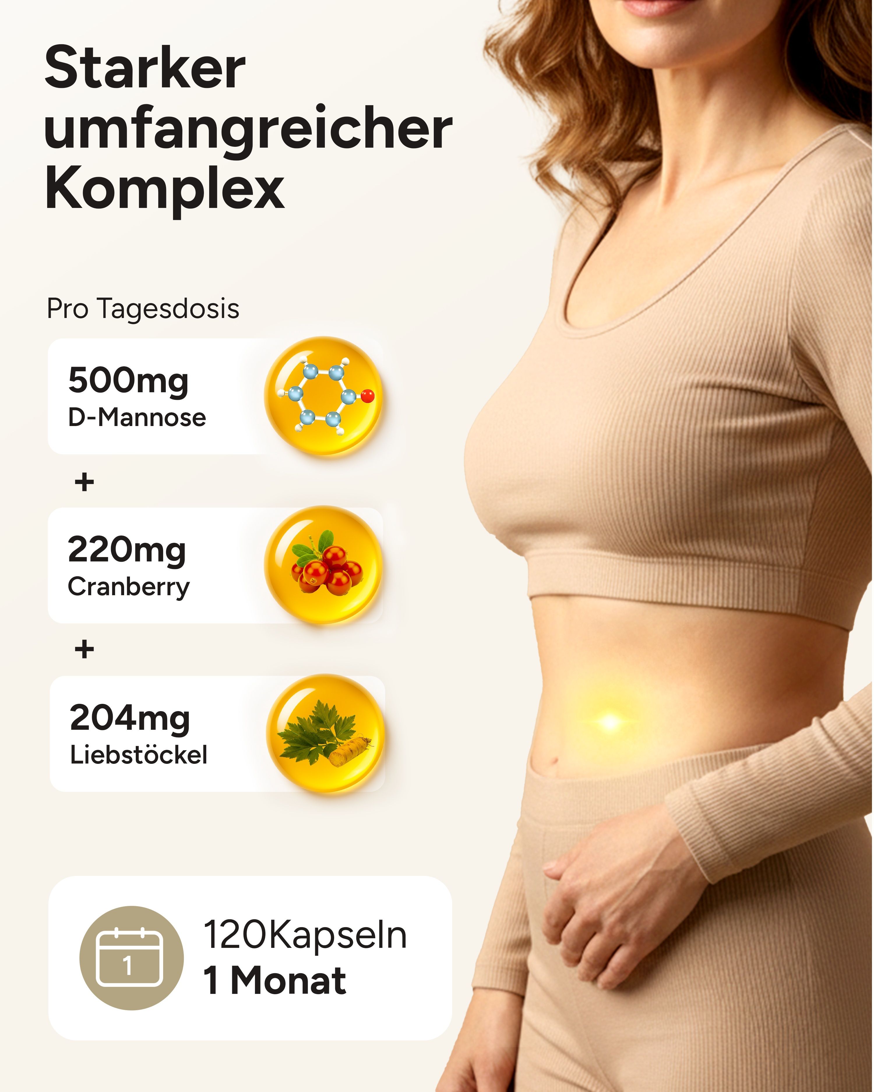Grafik mit Inhaltsstoffen: 500mg D-Mannose, 220mg Cranberry, 204mg Liebstöckel. 120 Kapseln, 1 Monat.