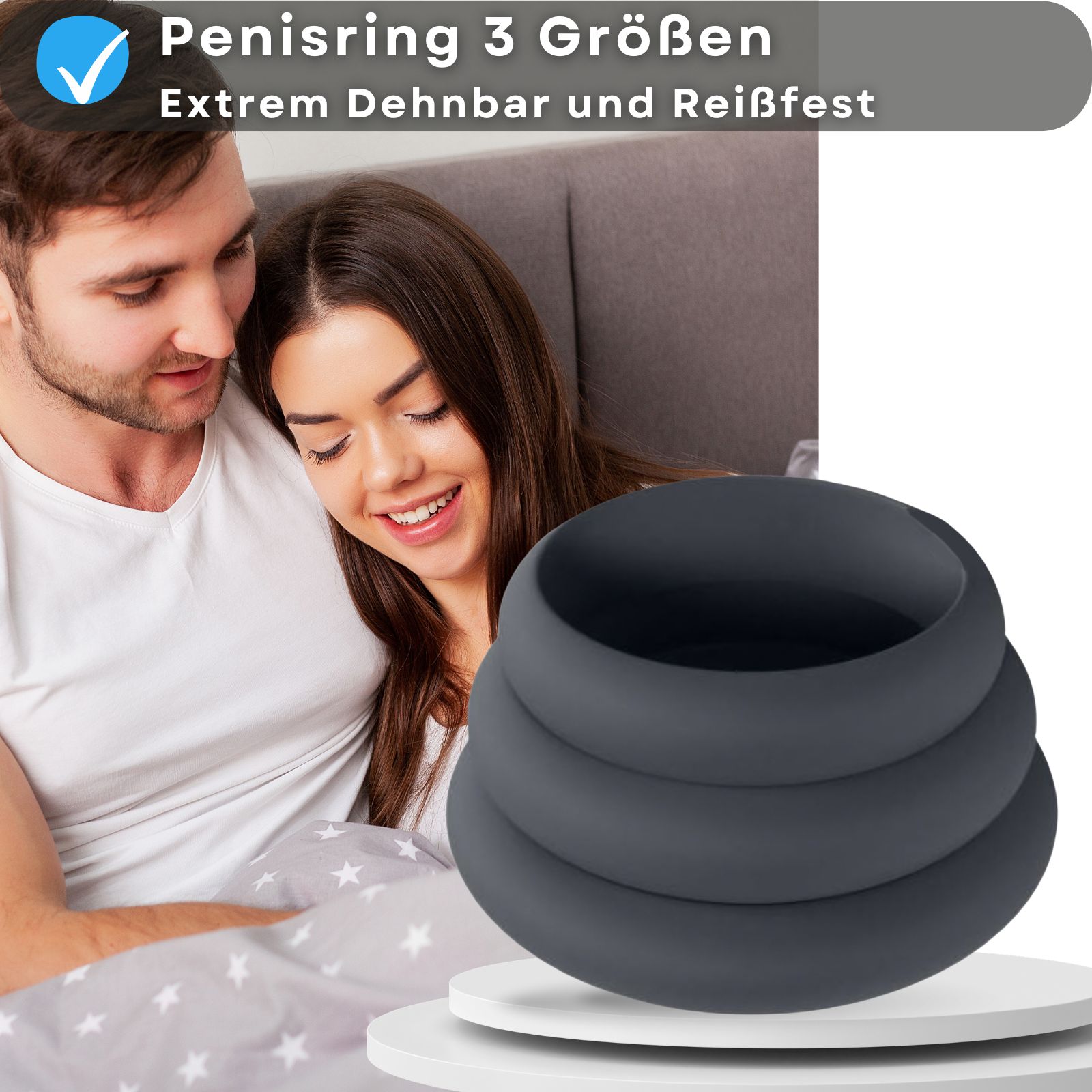 Produktabbildung mit Text: Penisring 3 Größen, dehnbar. Paar im Bett, Produkt daneben.