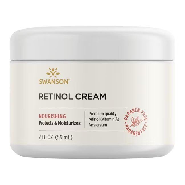 Weißer Tiegel mit SWANSON Retinol Creme. Aufschrift: Retinol Cream, 2 FL OZ (59 ml), Paraben Free.