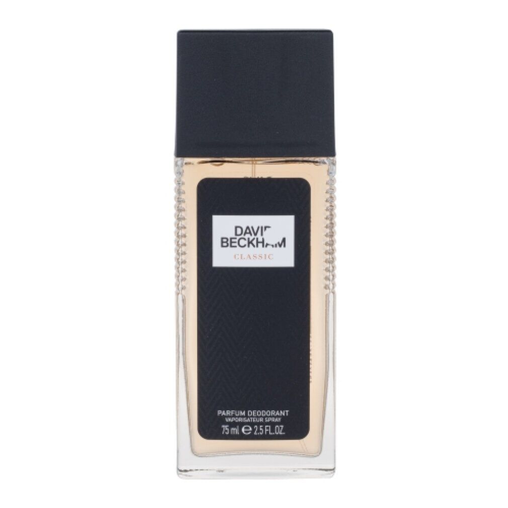 Deodorant-Spray mit schwarzem Deckel und rechteckigem Etikett. Aufschrift: DAVID BECKHAM CLASSIC. 75 ml.