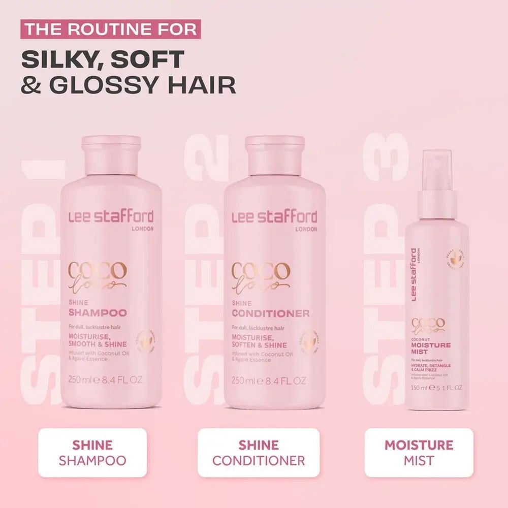 Drei rosa Flaschen: Shine Shampoo, Shine Conditioner, Moisture Mist. Text: „The Routine for Silky, Soft & Glossy Hair“. 250 ml.