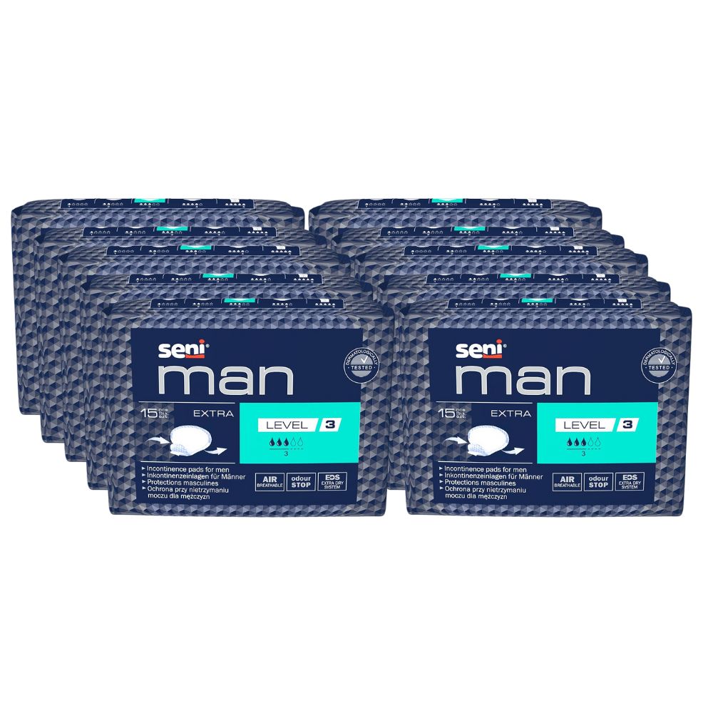 Mehrere Packungen Seni Man Extra Level 3. Blaue Verpackung mit Produktnamen und Level-Angabe. 15 Stück pro Packung.