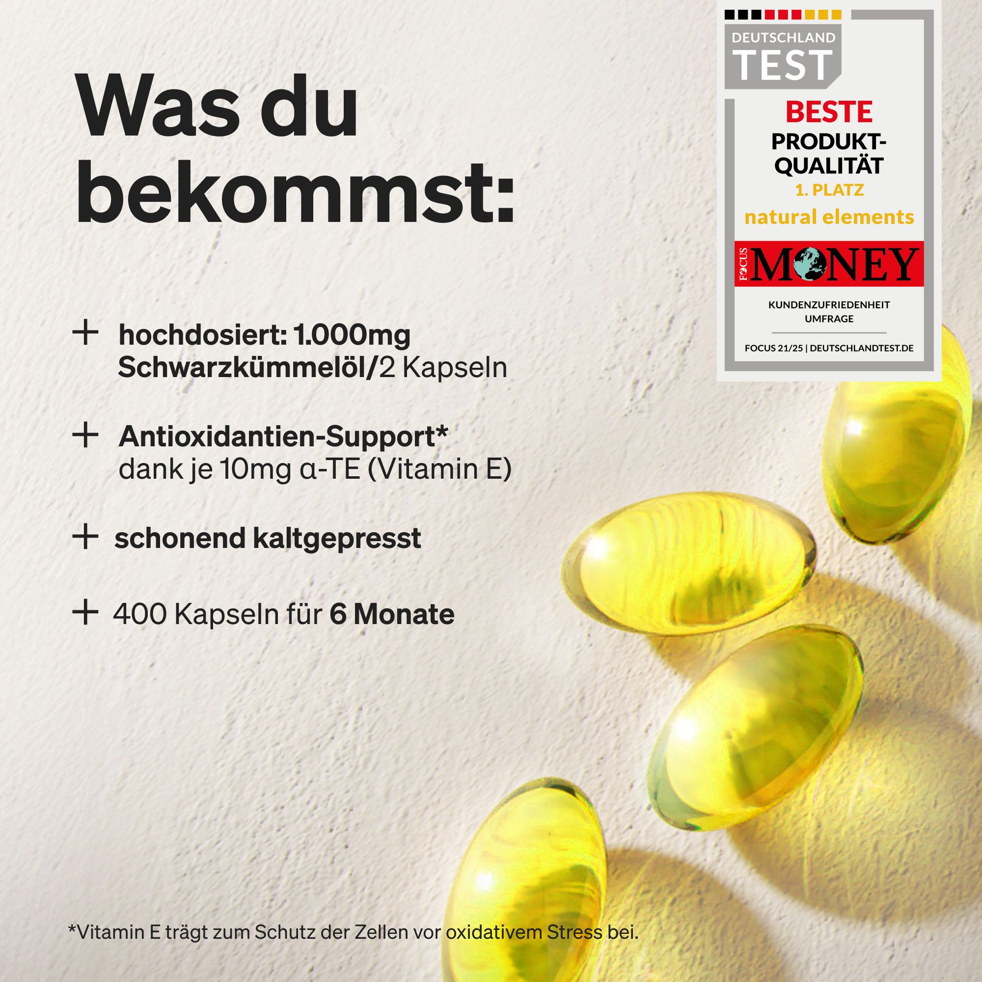Gelbe Kapseln auf hellem Hintergrund. Aufschrift: Was du bekommst: hochdosiert, 1.000mg Schwarzkümmelöl/2 Kapseln. Beste Produktqualität.