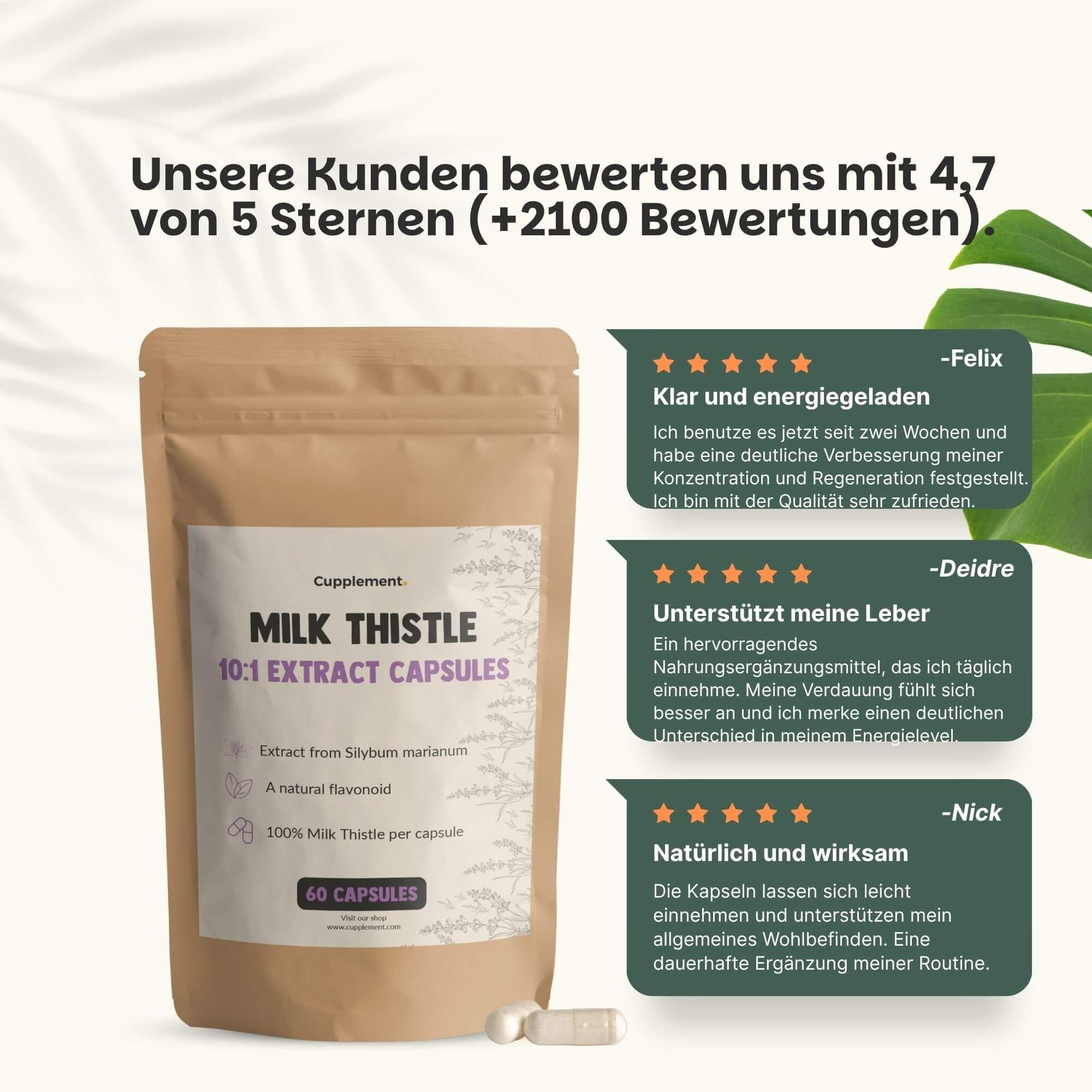 Beutel mit Kapseln. Text: Kunden bewerten uns mit 4,7 von 5 Sternen. Zitate von Kunden.