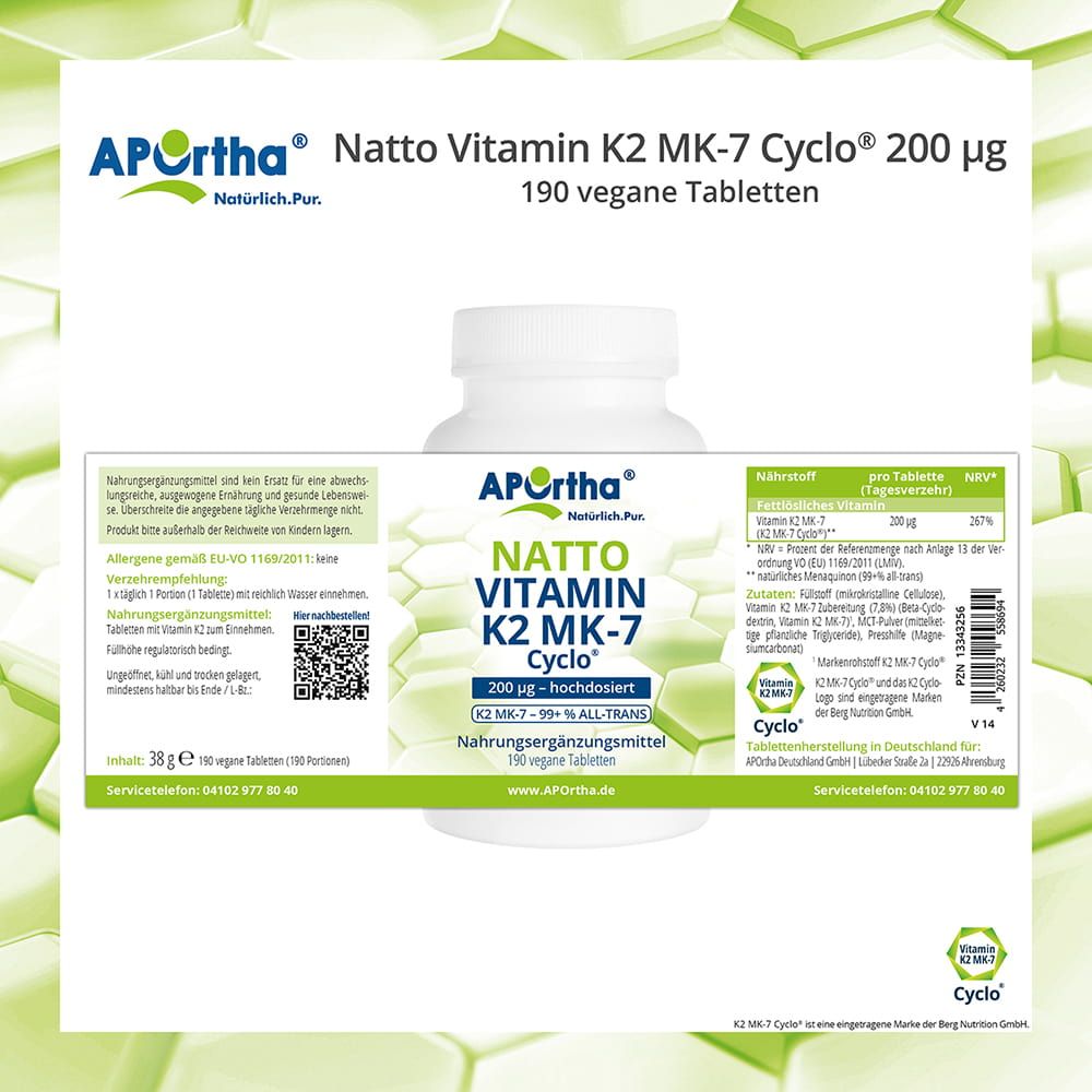 Tablettenflasche mit Etikett. Zeigt Produktinformationen, Inhaltsstoffe und Nährwertangaben. QR-Code und Chargennummer.