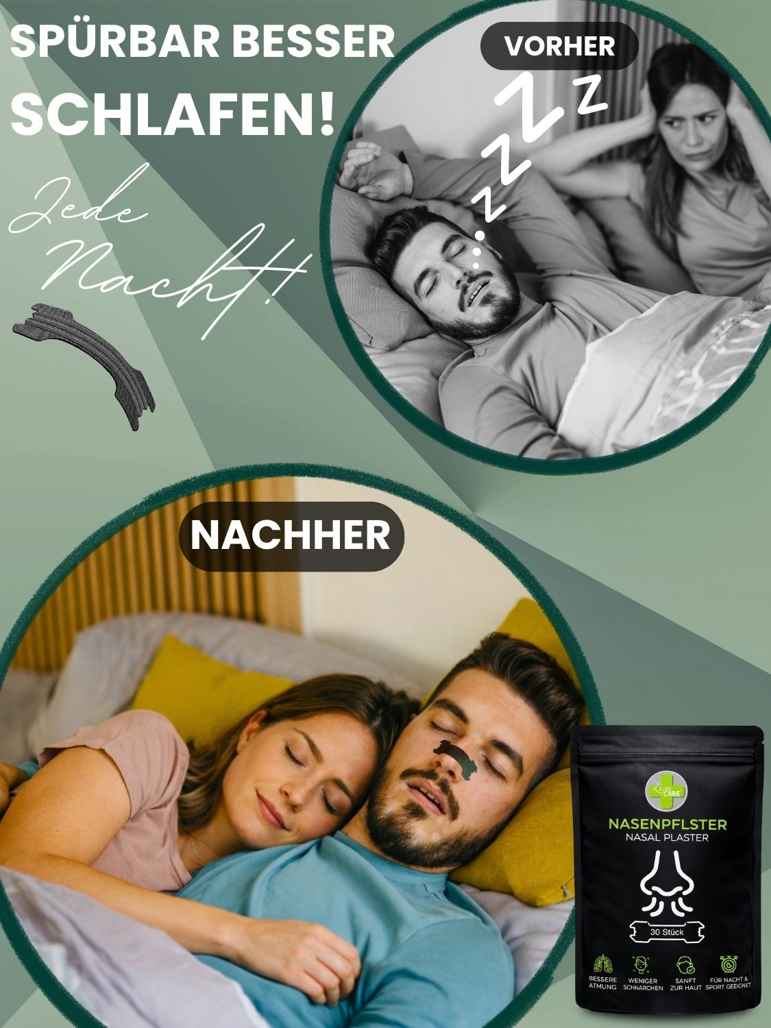 Vorher-Nachher-Vergleich: Mann schnarcht, dann schläft Paar friedlich mit Nasenpflaster.
