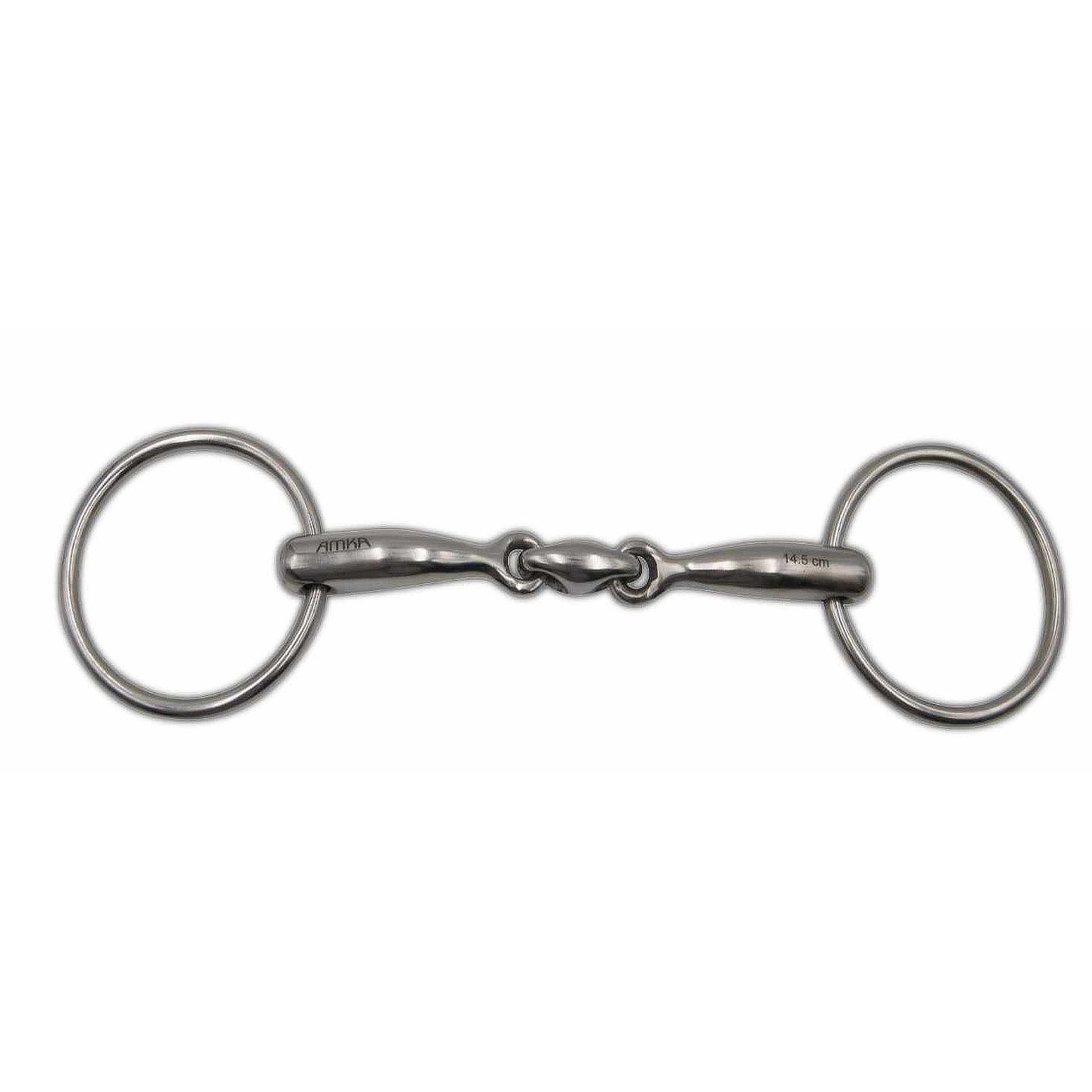 Doppelt gebrochene Wassertrense aus Metall. Ringe und Mittelstück verbunden.