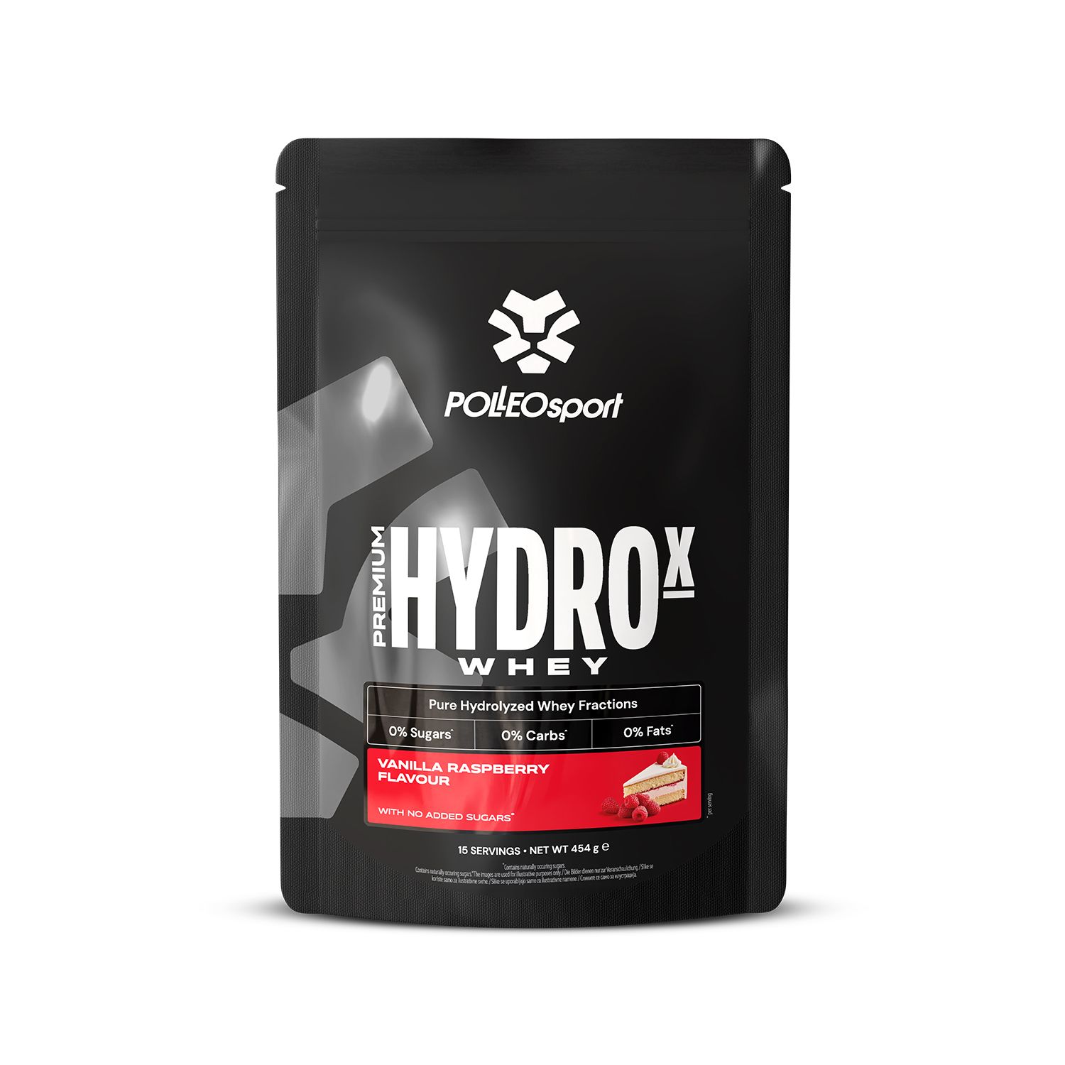 Schwarze Verpackung "HYDROX Whey". Geschmack: Vanille-Himbeer. 0% Zucker, 0% Kohlenhydrate, 0% Fett. Marke: PolleoSport.
