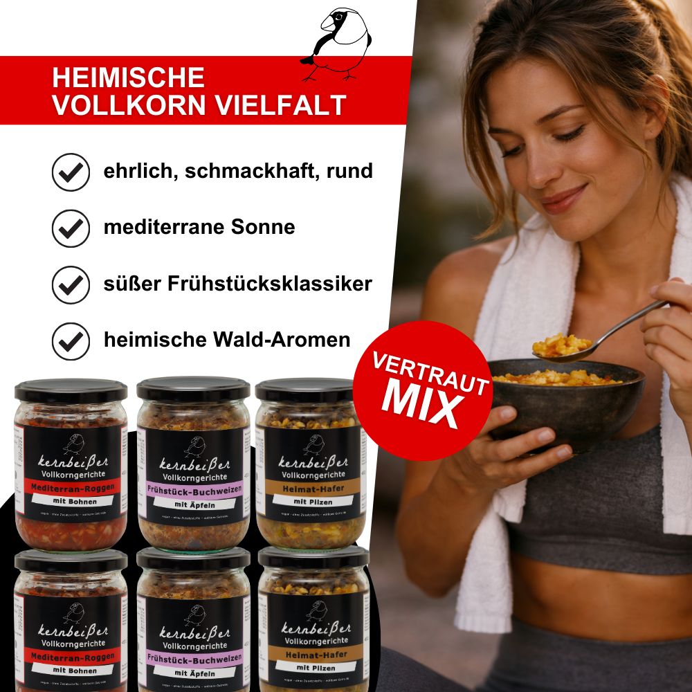 Frau isst aus einer Schale. Sechs Gläser Kernbeißer Vollkorngerichte. Text: Vertraut Mix, heimische Vollkorn Vielfalt.