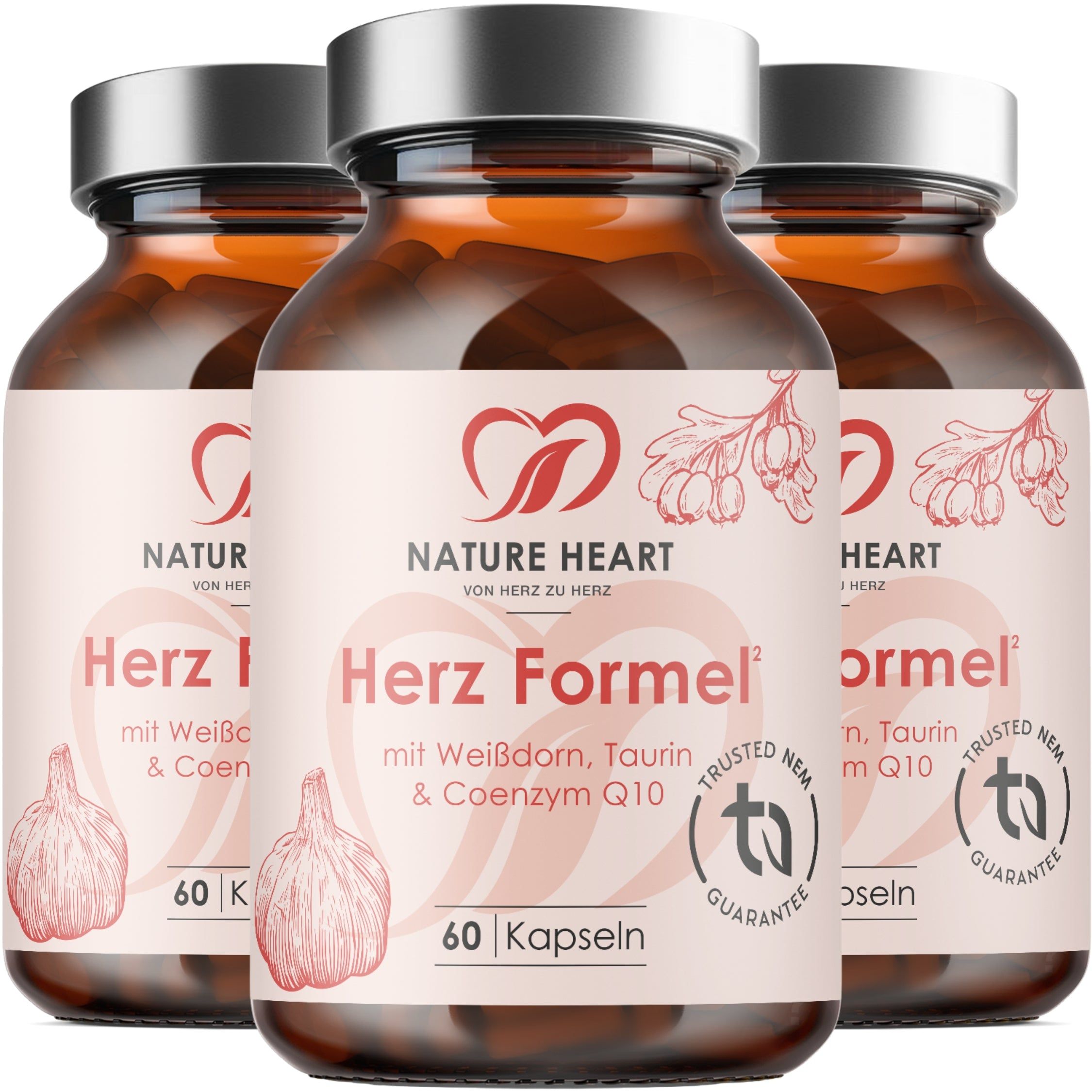 Drei Braunglasflaschen mit Kapseln, Etikett mit 'Nature Heart Herz Formel', '60 Kapseln'.