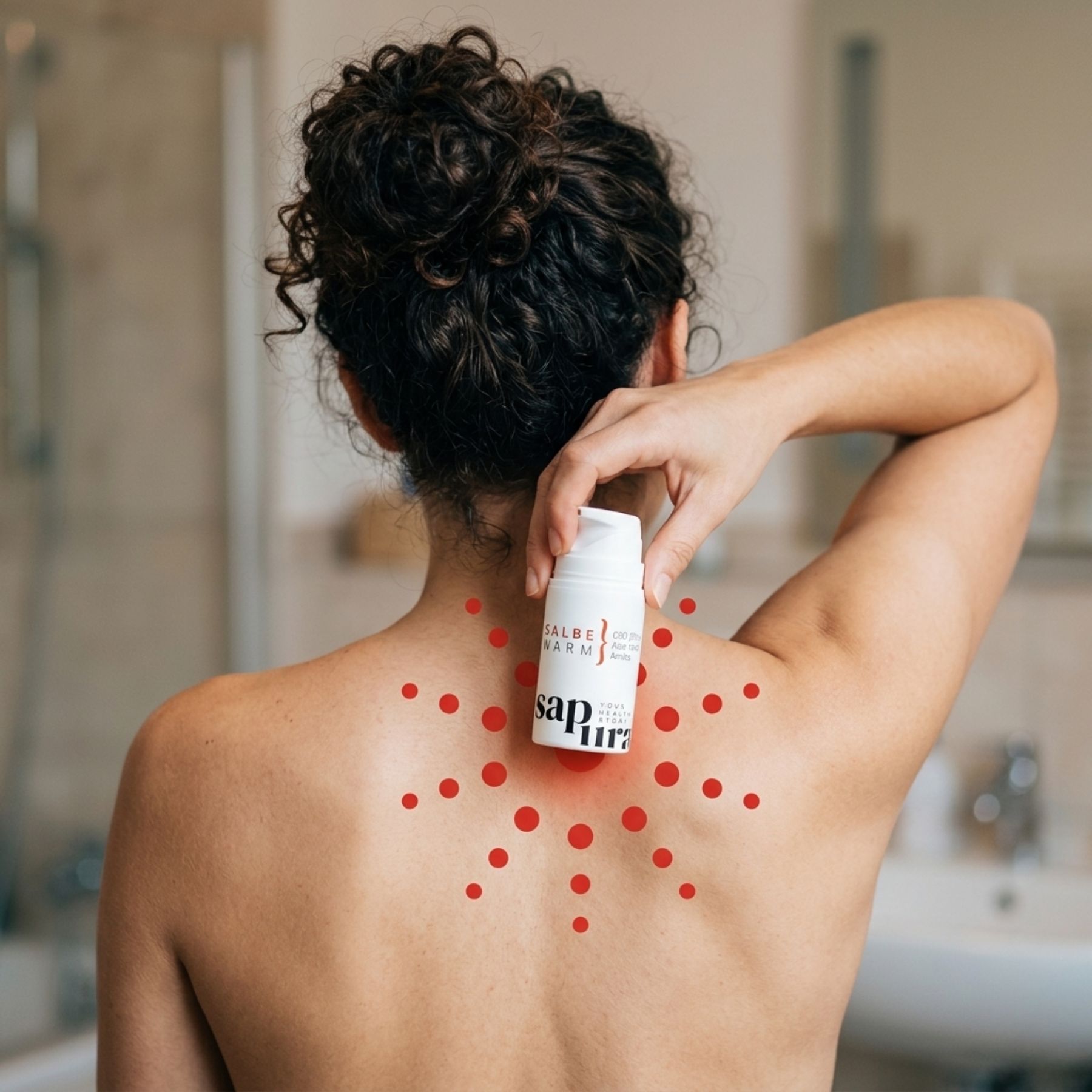 Rückansicht einer Frau, die eine weiße Salbenflasche auf ihren Rücken hält. Rote Punkte symbolisieren Schmerz.