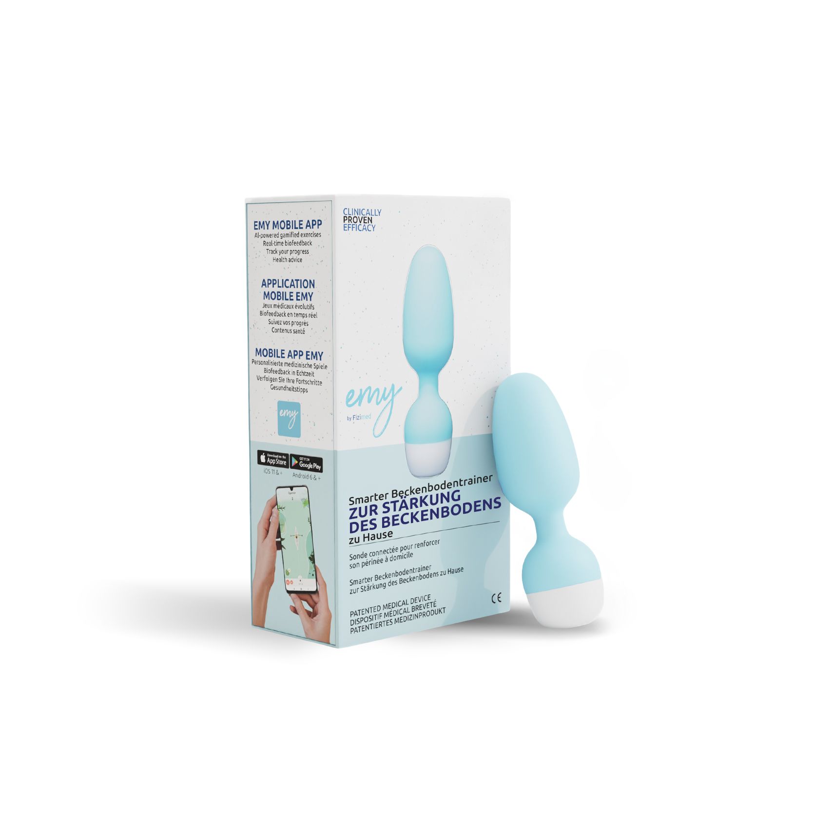 Blau-weißes Beckenbodentrainingsgerät neben Verpackung. Auf der Verpackung: Produktname, App-Logo, Produktbeschreibung.