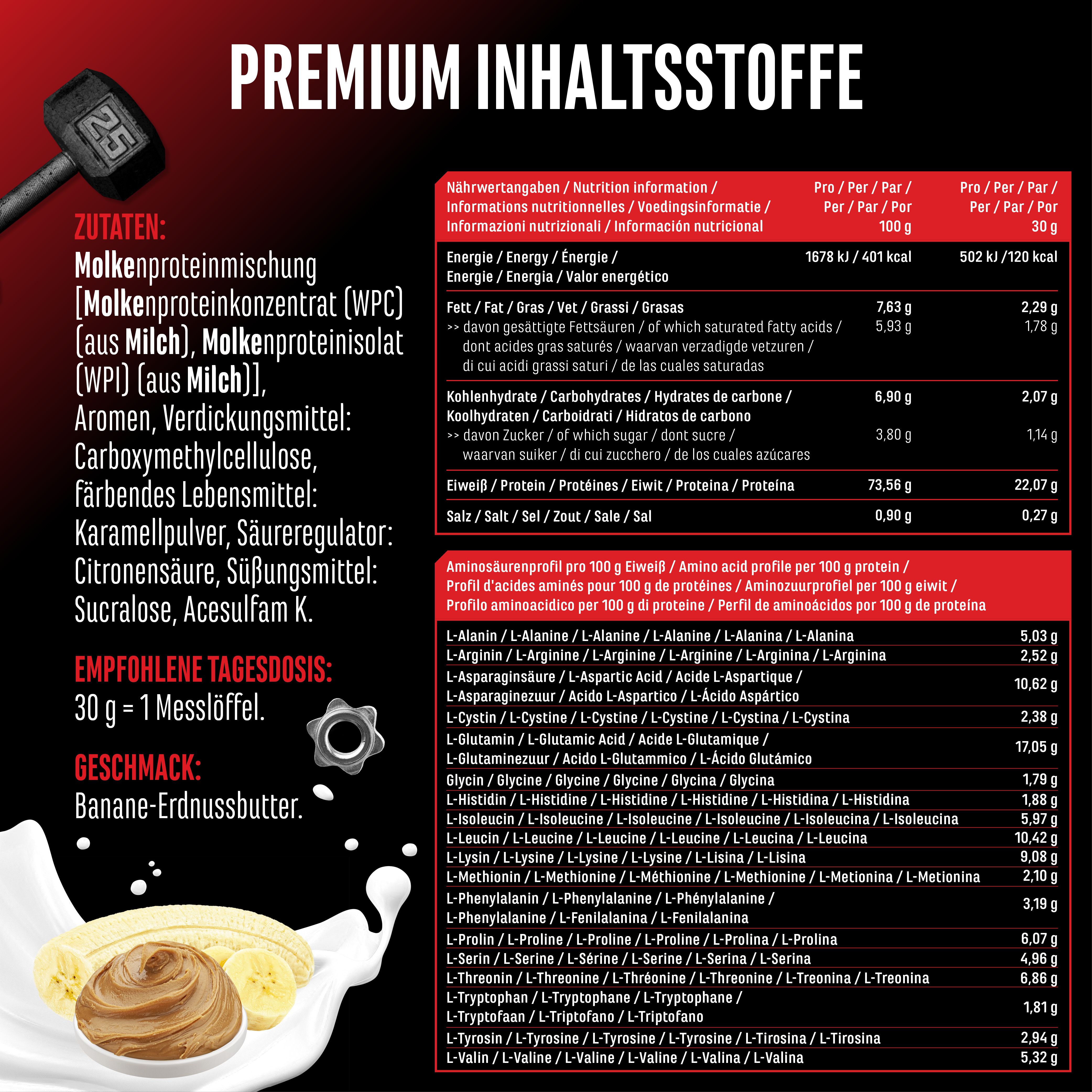 Nährwerttabelle mit Informationen zu Inhaltsstoffen von Whey Protein. Enthält Angaben zu Energie, Fett, Kohlenhydraten, Eiweiß, Salz.