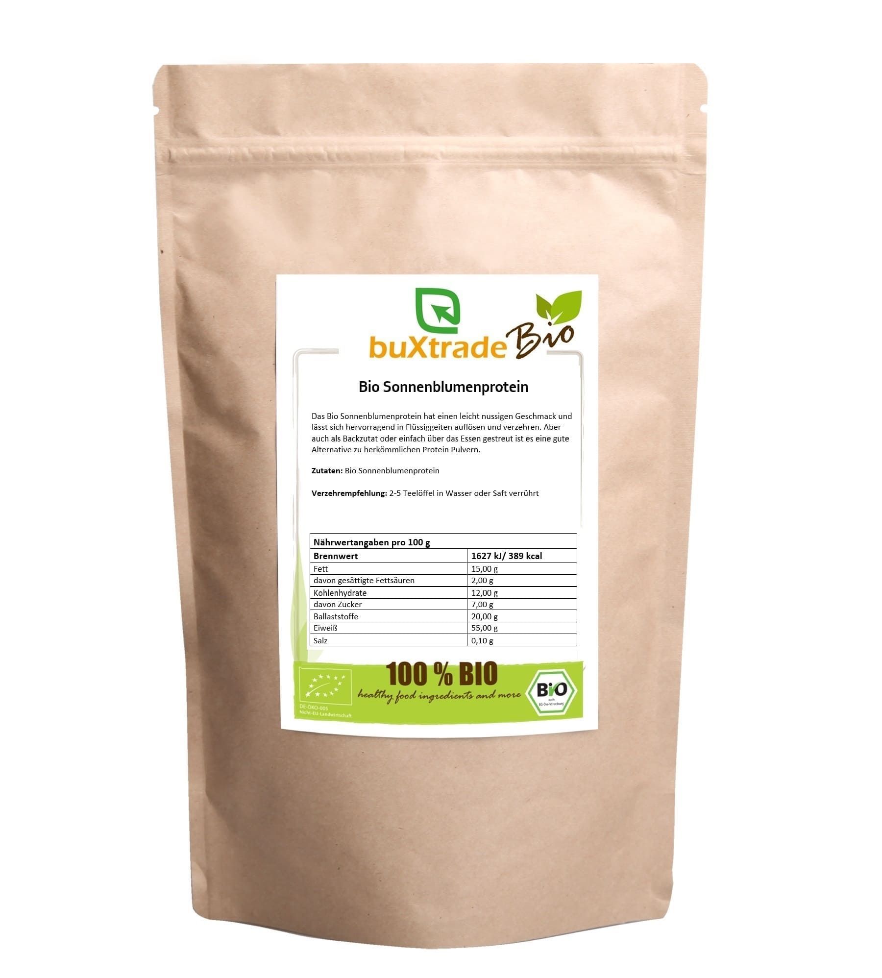 Beutel mit Aufdruck. Etikett mit Text: Bio Sonnenblumenprotein, Nährwertangaben, Bio-Siegel. Brauner Papierbeutel.