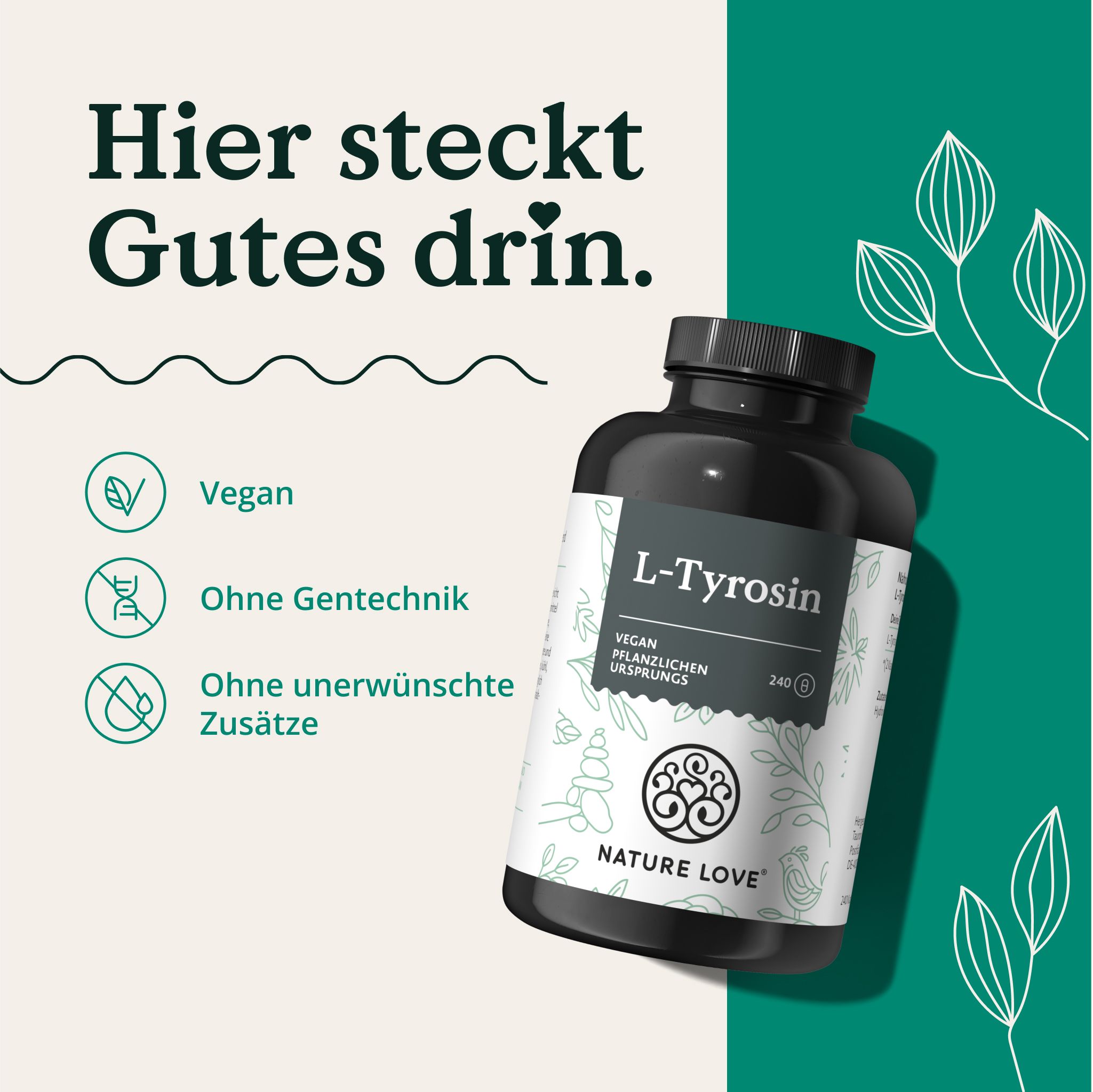 Schwarze Flasche mit Etikett. Aufschrift: L-Tyrosin, Vegan, ohne Gentechnik, ohne unerwünschte Zusätze. Logo NATURE LOVE®.