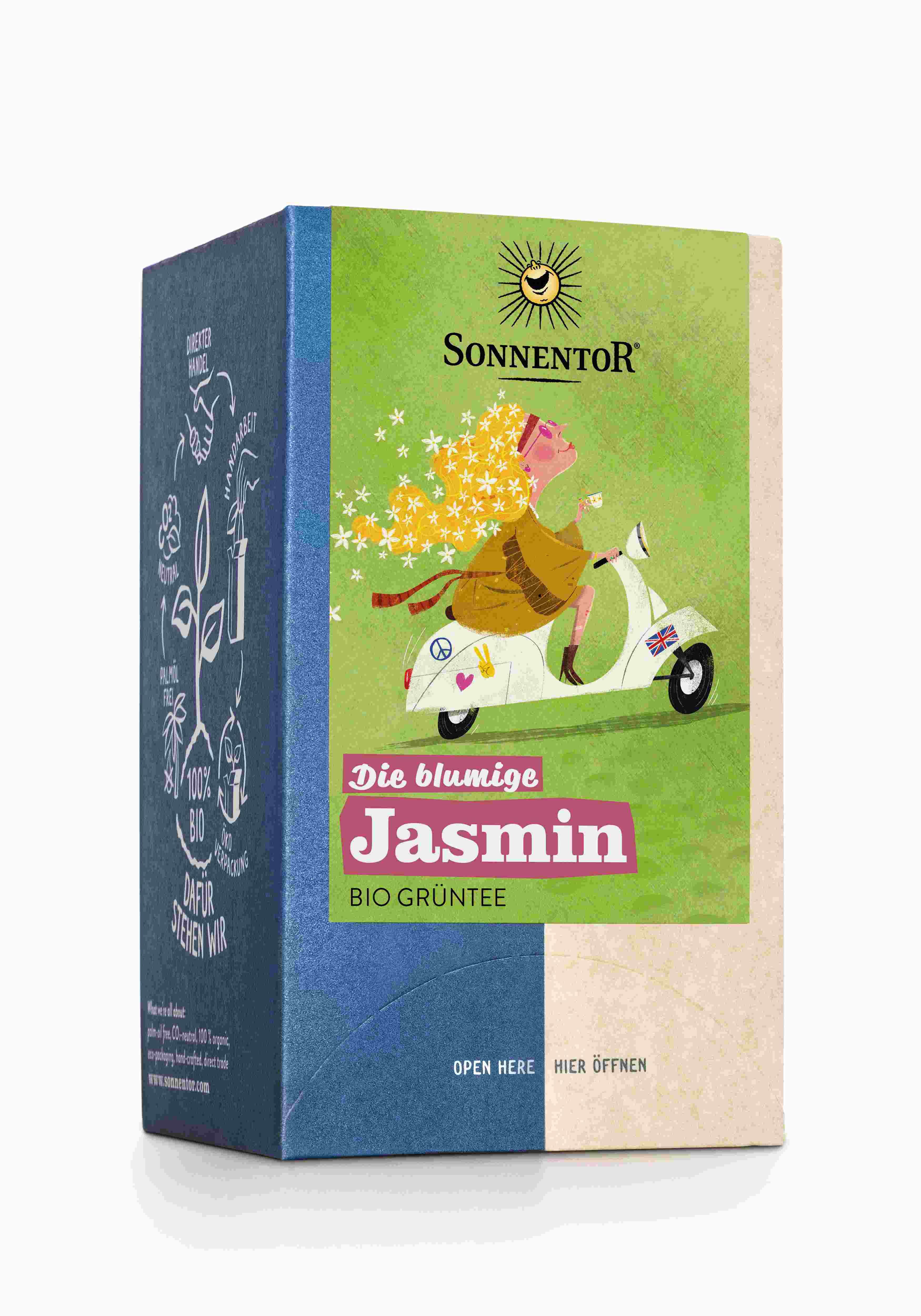 Verpackung von SonnentoR Jasmin Tee. Aufdruck: Frau auf Roller, Text: Die blumige Jasmin, Bio Grüntee. Logo: Sonne.