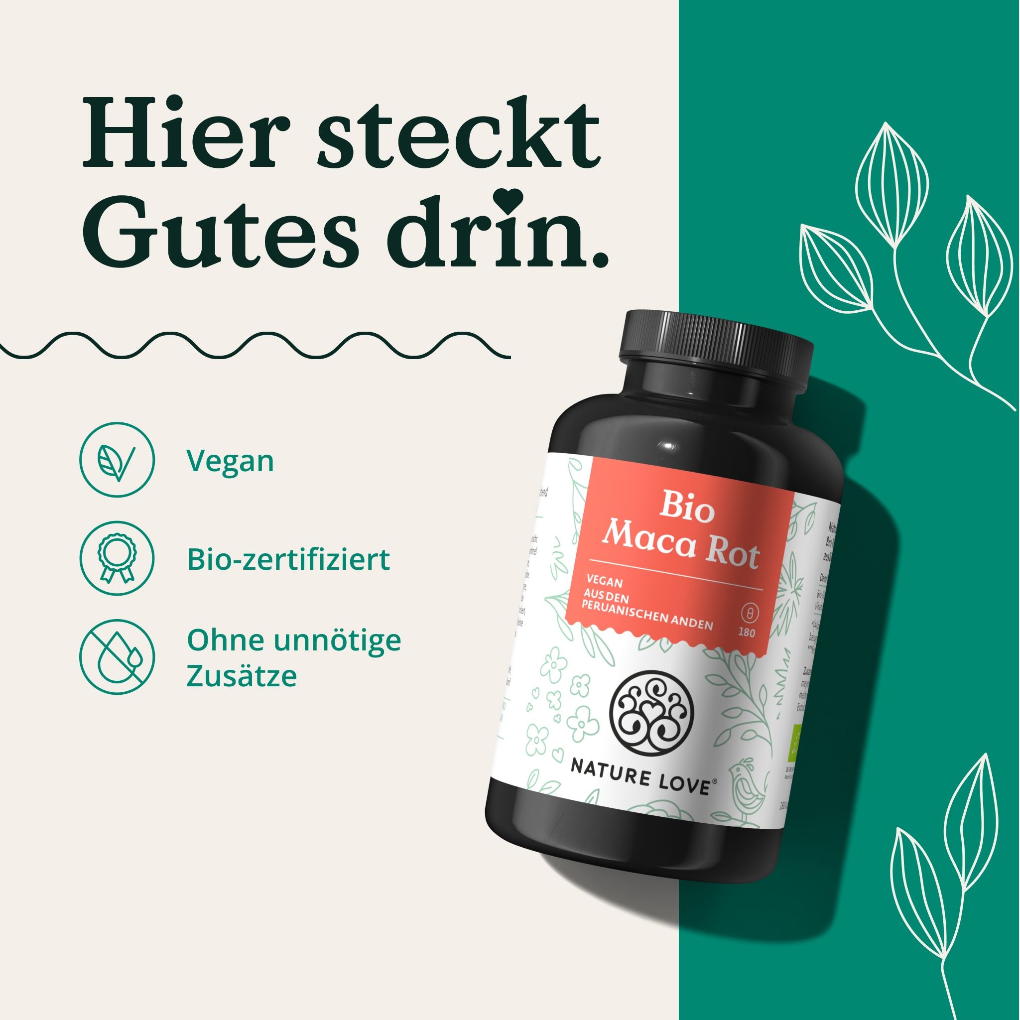 Schwarze Flasche mit rotem Etikett. Aufschrift: Bio Maca Rot, Vegan. Text: Bio-zertifiziert, ohne unnötige Zusätze.