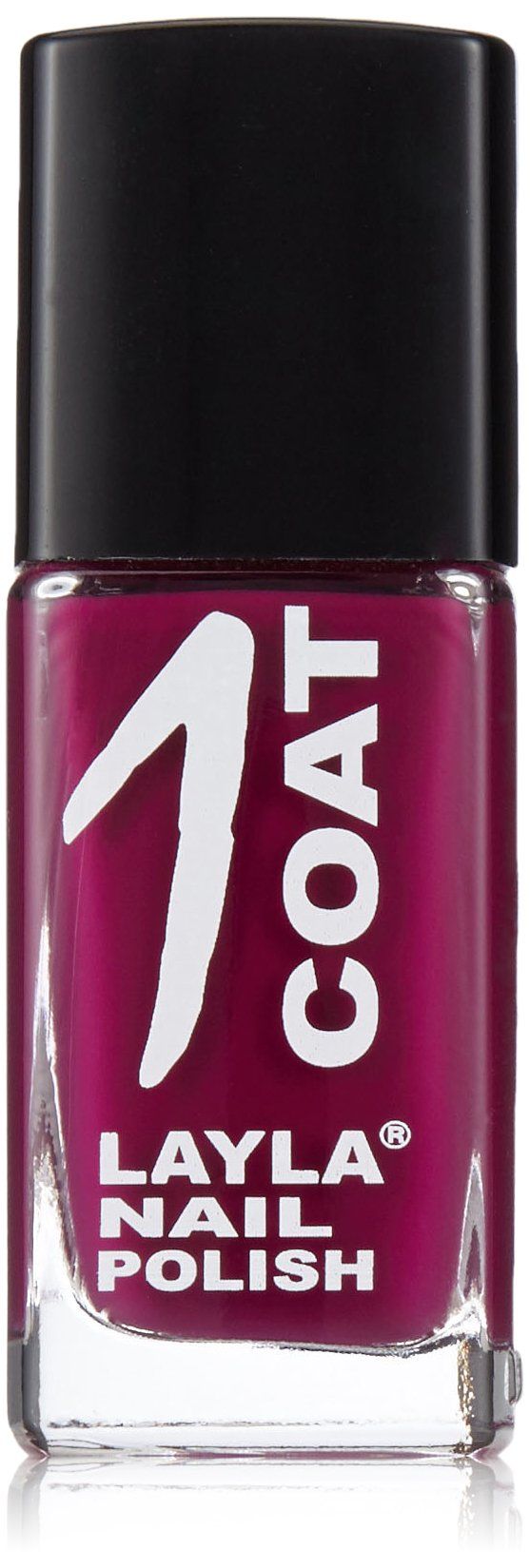Flasche Layla Nagellack in Dunkelrosa mit schwarzem Deckel. "1 COAT" und "LAYLA NAIL POLISH" sind auf der Flasche aufgedruckt.