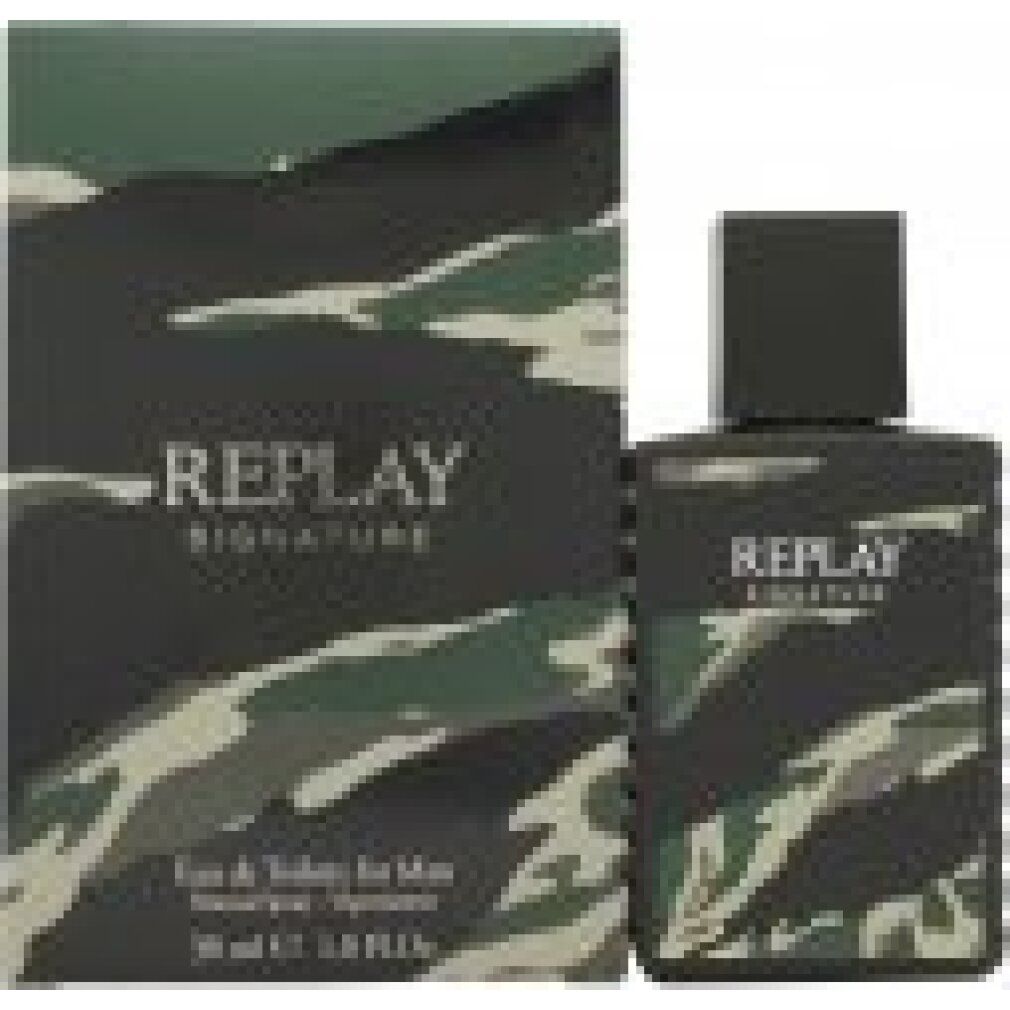 Flakon und Verpackung mit Camouflage-Muster. Schwarzer Deckel. Schriftzug REPLAY SIGNATURE. Eau de Toilette für Herren.