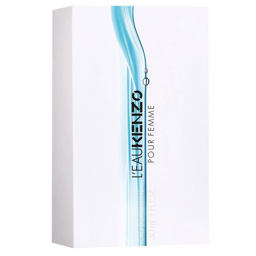 Weiße Verpackung mit blauem Design. Aufschrift: L'EAU KENZO POUR FEMME. Rechteckige Verpackung mit blauem Wellendesign.