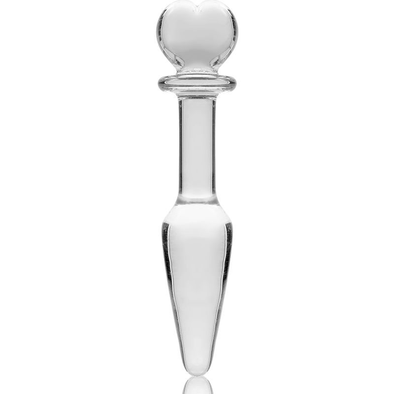 Glas-Analplug mit Herzgriff, 13,5cm lang, 3cm breit. Produktansicht von vorne.