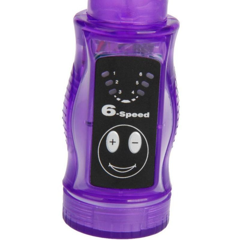 Nahaufnahme des Bedienfelds eines lila Vibrators mit 6 Geschwindigkeiten und Smiley-Symbol.
