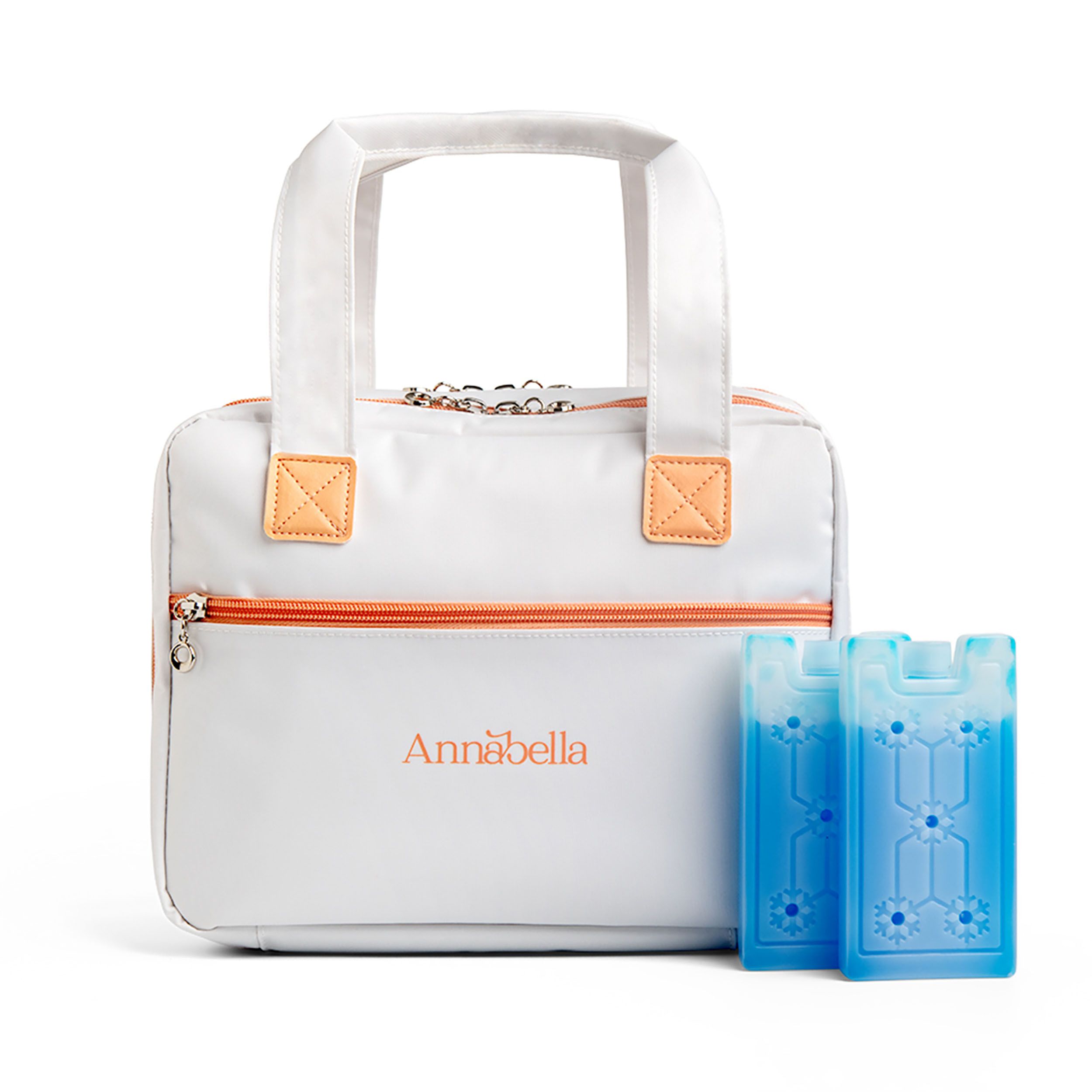 Weiße Isoliertasche mit orangefarbenem Logo 'Annabella'. Zwei blaue Kühlakkus liegen daneben.