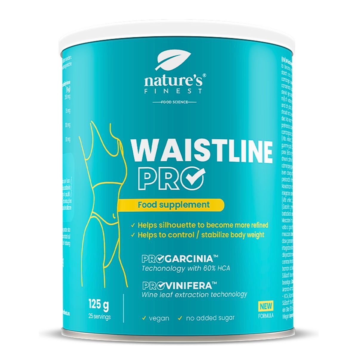 Zylindrische Dose mit "Waistline Pro"-Etikett. Enthält 125g, 25 Portionen. Vegan, ohne Zuckerzusatz. Abbildung einer Frau.