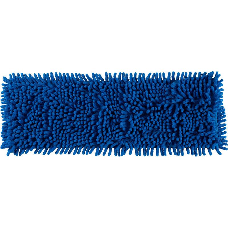 Blauer Mikrofasermopp. Rechteckige Form mit Fransen an den Rändern. Aus Chenille-Material.