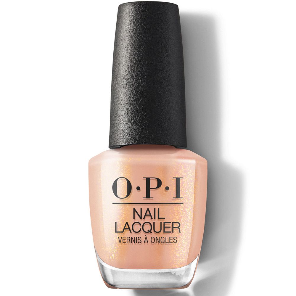 OPI Nagellacke Flasche. Beige Farbe, schwarzer Deckel. Schriftzug.
