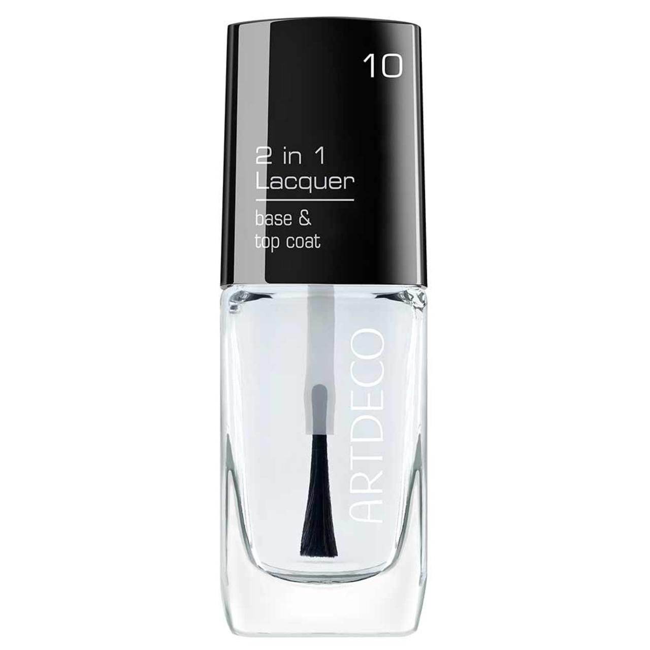 Klare Nagellackflasche mit schwarzem Deckel. Beschriftung: 2 in 1 Lacquer, base & top coat. Marke: Artdeco. Nummer 10.