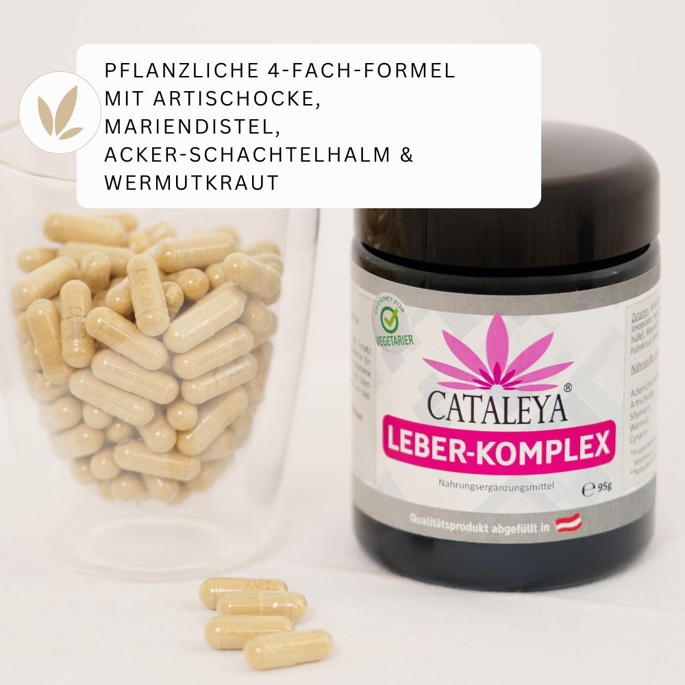 Glas mit Kapseln, Dose. Text: Pflanzliche 4-fach-Formel mit Artischocke, Mariendistel, Acker-Schachtelhalm & Wermutkraut.