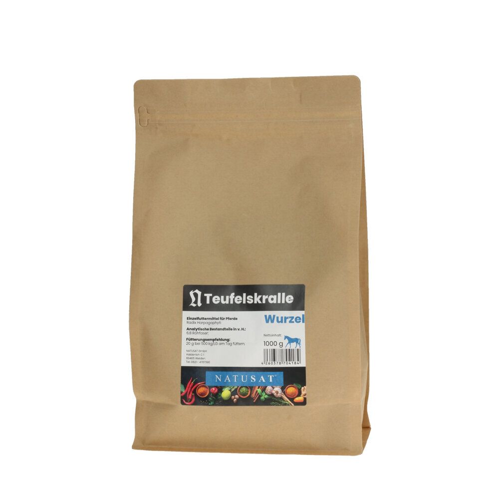 Braune Papiertüte mit Etikett. Aufschrift: Teufelskralle Wurzel, Natusat. 1000 g.