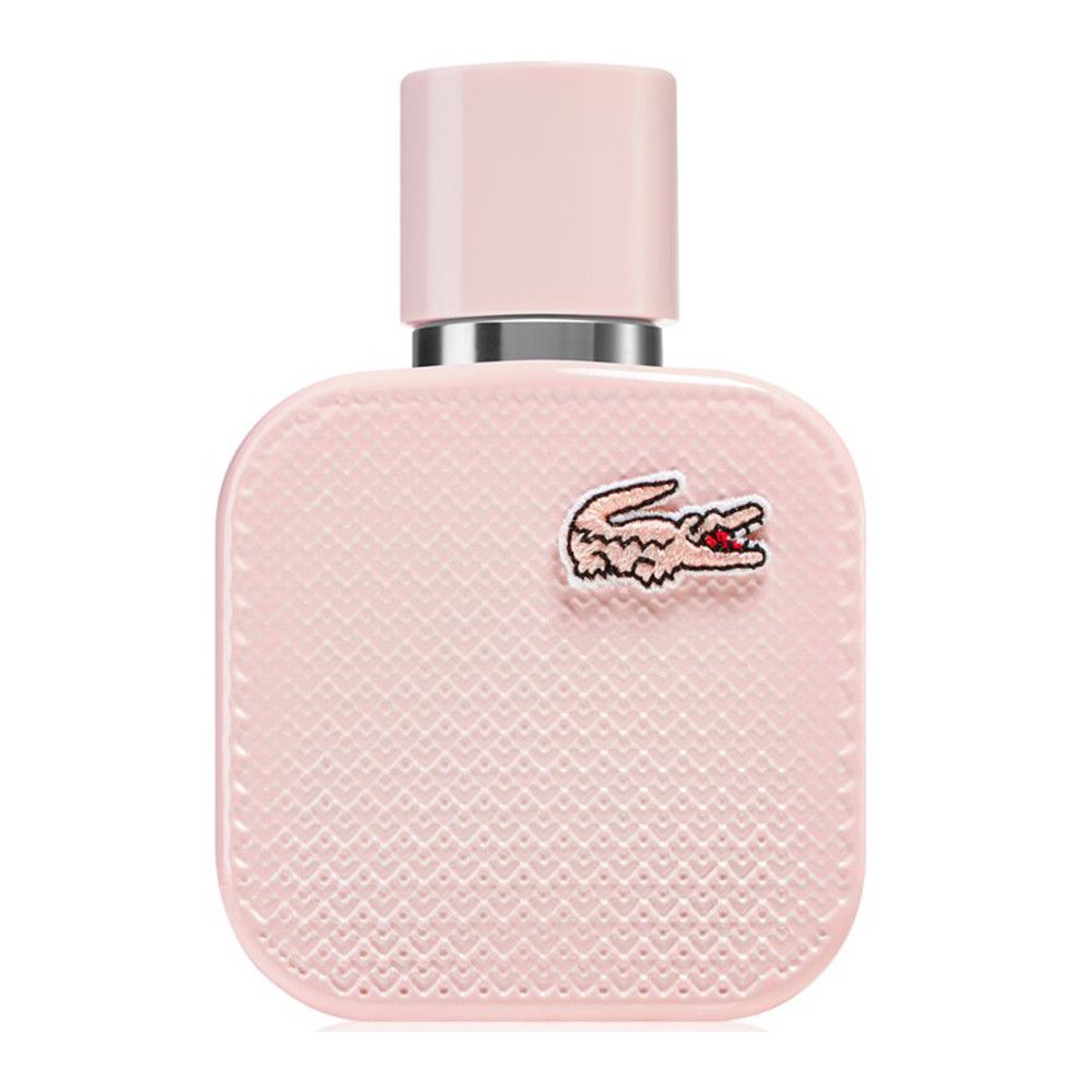 Rosa Lacoste L.12.12 Rose EdP Nat. Spray Flakon. Quadratisch, mit Krokodil-Logo. Rosa Verschluss. Silberner Hals.