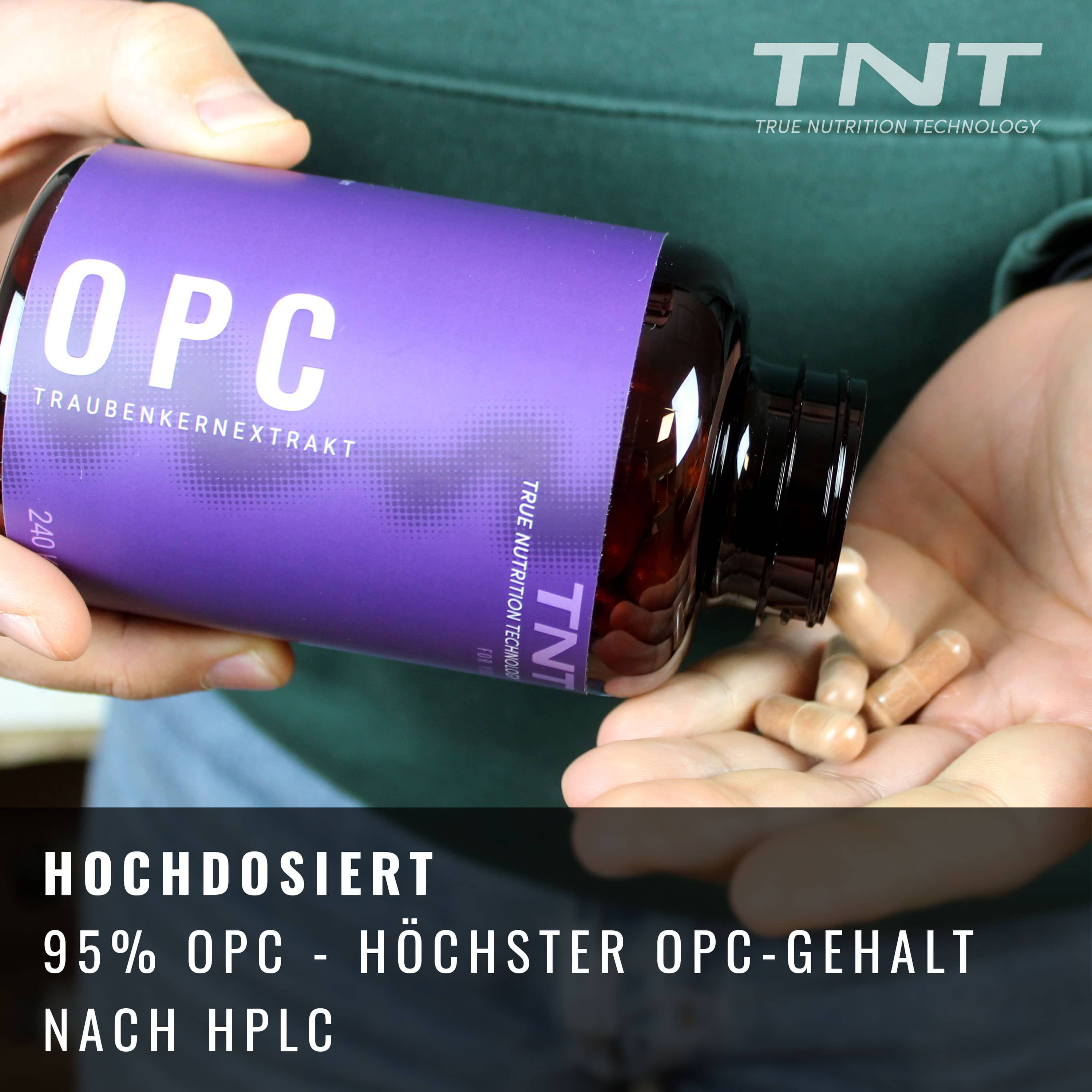 Braune Kapseln werden aus einer lila Flasche in eine Hand gegossen. Auf der Flasche steht OPC, Traubenkernextrakt und TNT.