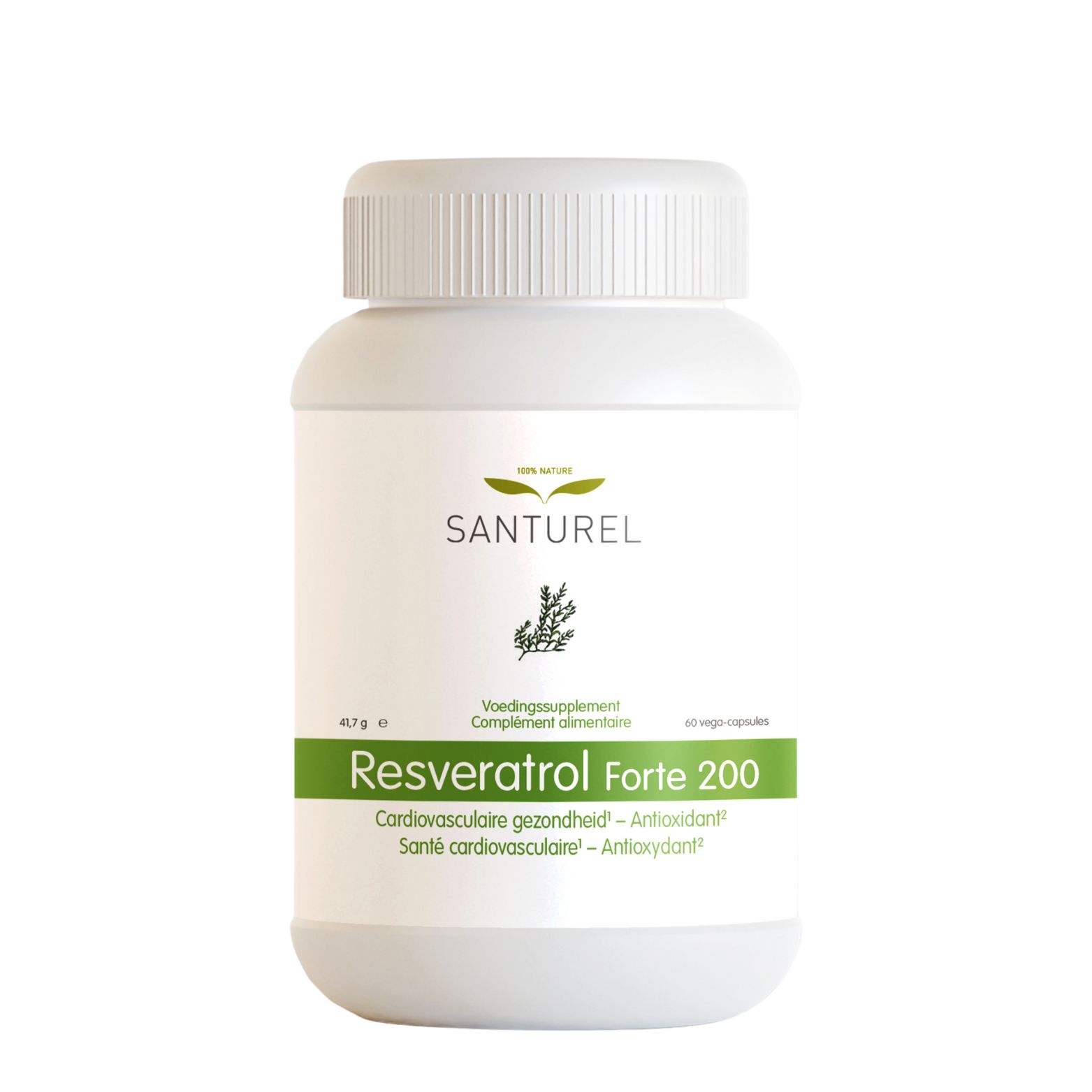Weiße Flasche mit Santurel Resvératrol Forte 200 Kapseln. Aufschrift: Resvératrol Forte 200, 60 vegane Kapseln.