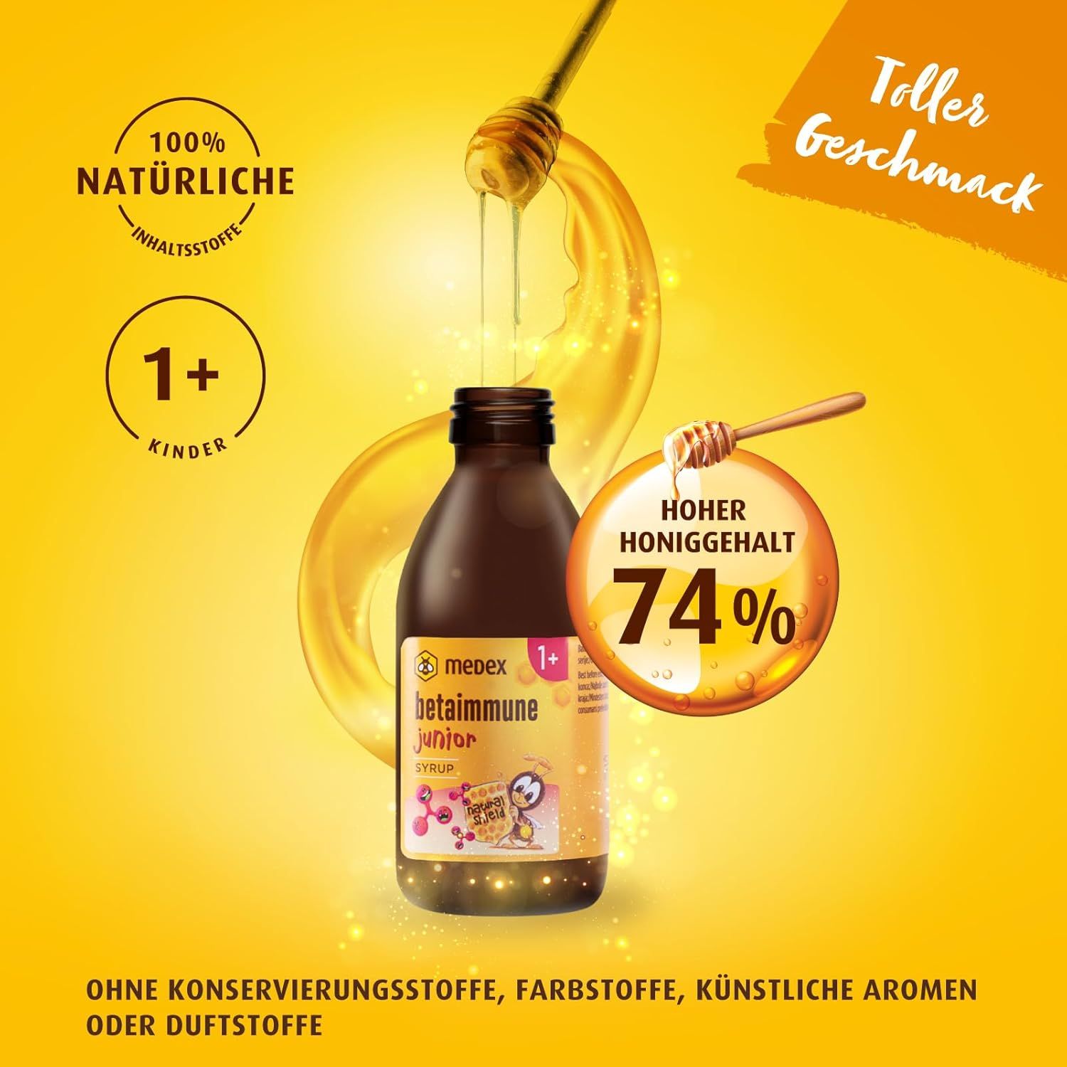 Medex BetaImmune Junior Sirup-Flasche mit Honig-Illustration. Auf der Flasche: 1+ Kinder, hoher Honiggehalt 74%, 100% natürliche Inhaltsstoffe.