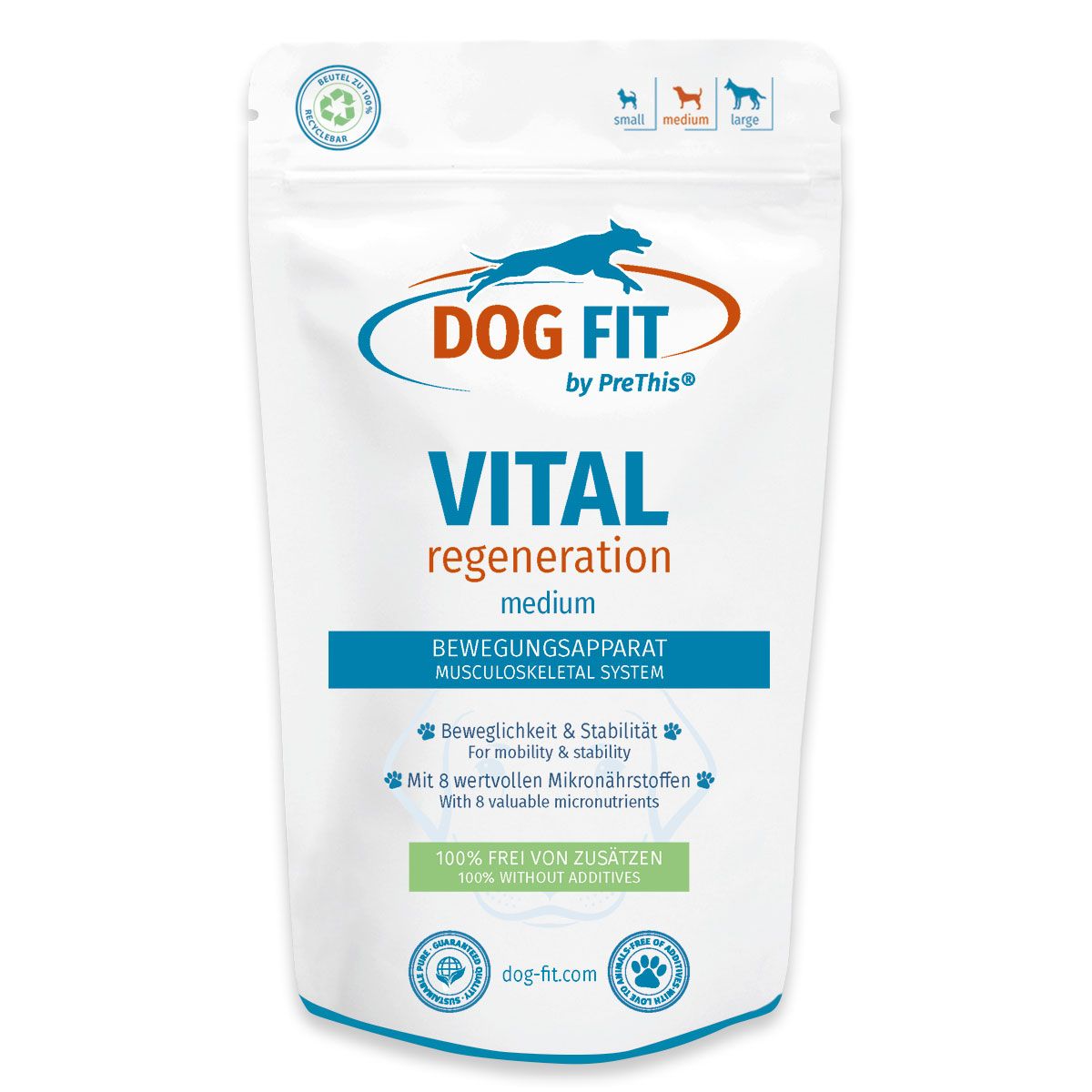 Beutel DOG FIT, Vital Regeneration, medium. Enthält Mikronährstoffe. 100% frei von Zusätzen. Logo mit Hund.