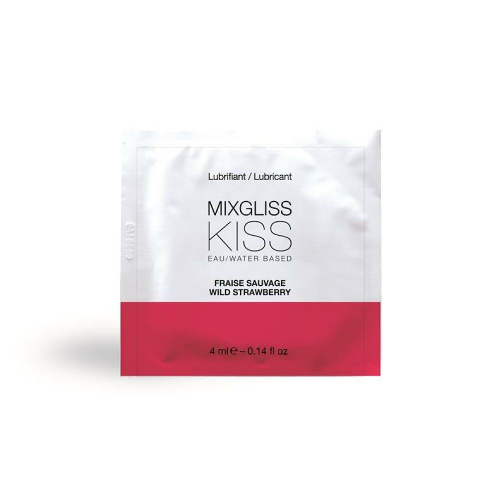 Einzelverpackung mit rotem Streifen und Produktnamen. Text: Mixgliss Kiss, Fraise Sauvage, Wasserbasiert.