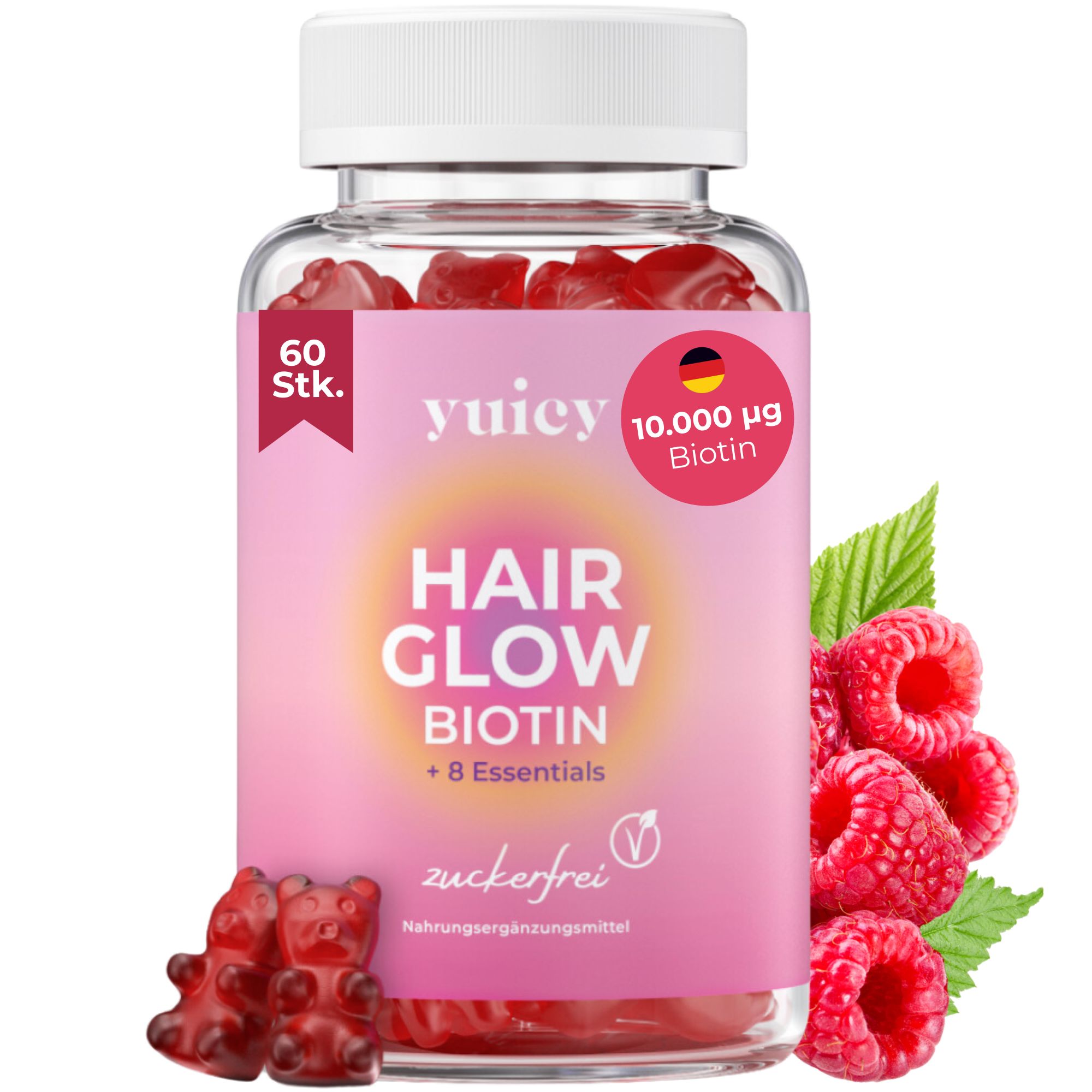 Glas mit yuicy® Hair Glow Biotin Gummies, 60 Stück. Rote Gummibärchen, Himbeeren und Biotin-Hinweis.