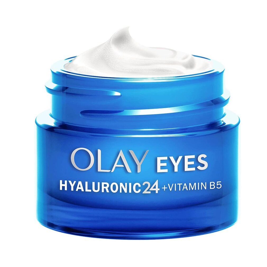 Blauer Tiegel mit weißer Creme. Olay Eyes, Hyaluronic24 + Vitamin B5. Produkt für die Augenpartie.