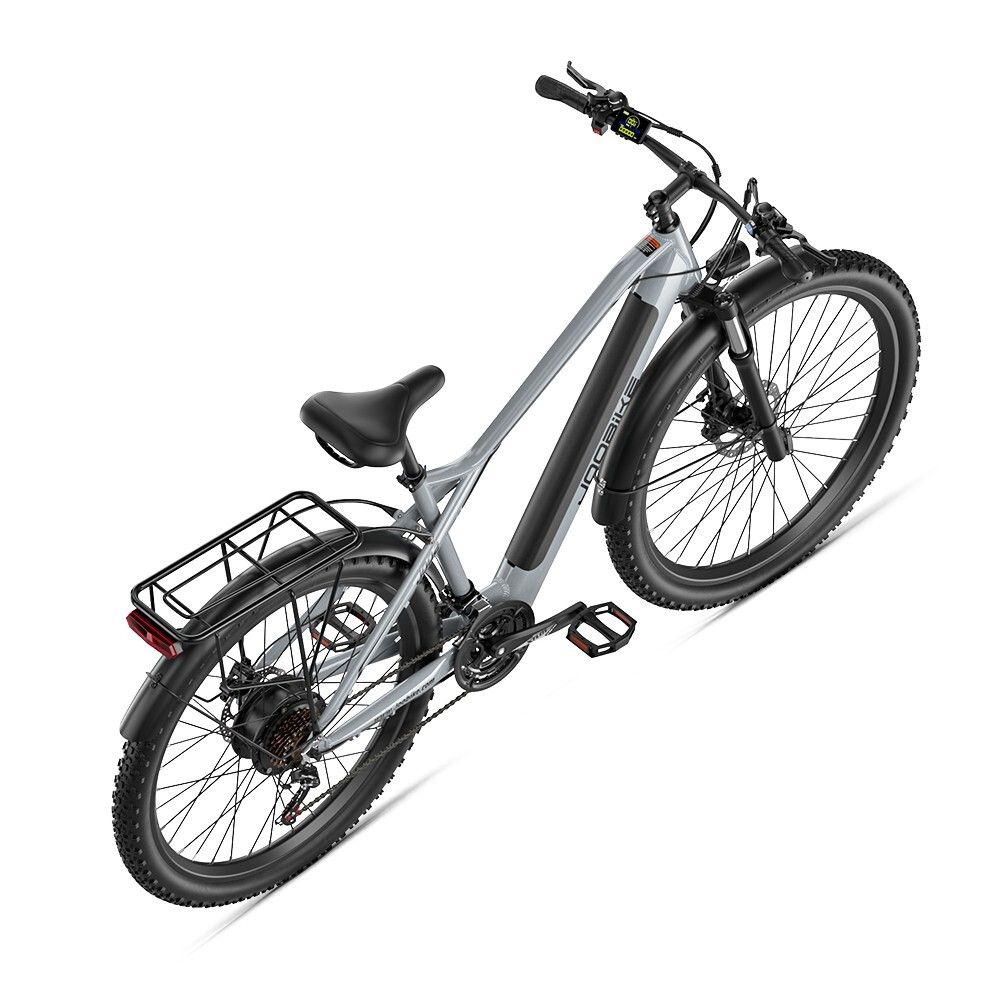 Graues E-Bike JOOBIKE J002, 29 Zoll, All-Terrain-Reifen, Gepäckträger, schwarze Schutzbleche.