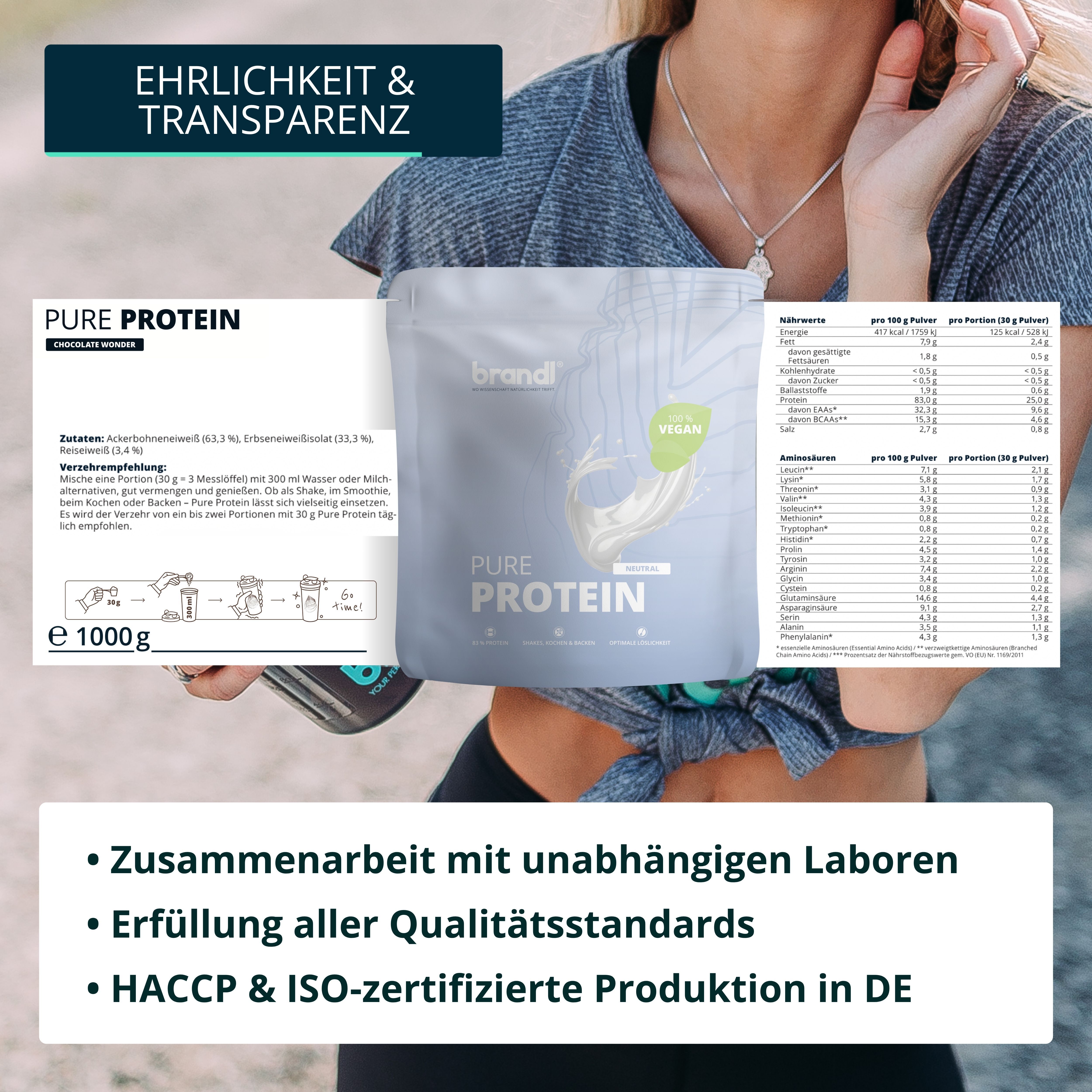 Beutel brandl® Pure Protein, mit Nährwertangaben und Zubereitungshinweisen. Text: Zusammenarbeit mit Laboren.