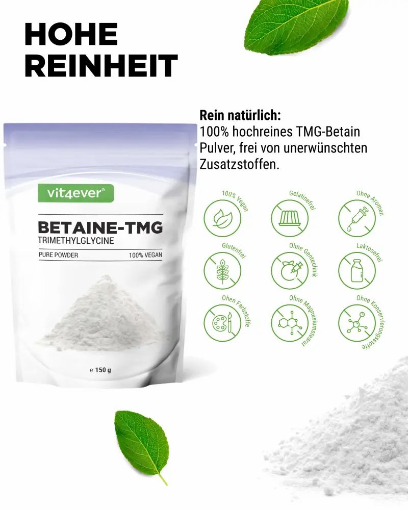 Produktabbildung mit Betaine-TMG Pulver in einem Beutel. Marke: vit4ever. Text: Pure Powder, 100% Vegan. 150 g. Icons.