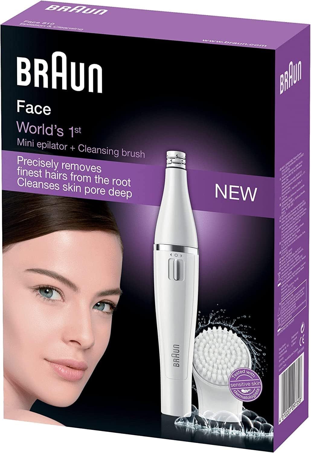 Verpackung mit Braun FaceSpa. Enthält Mini-Epilierer und Reinigungsbürste. Text: "World's 1st". Abbildung einer Frau.