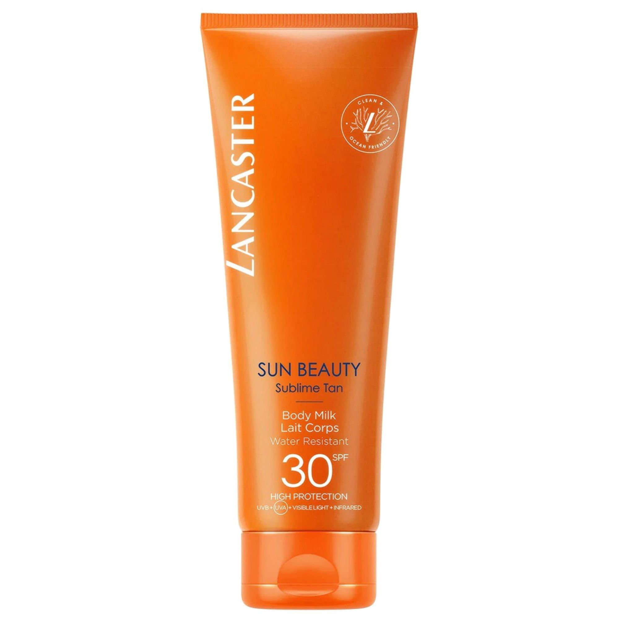Lancaster Sun Beauty Sublime Tan Body Milk SPF30 in orange Tube. Wasserfest.
