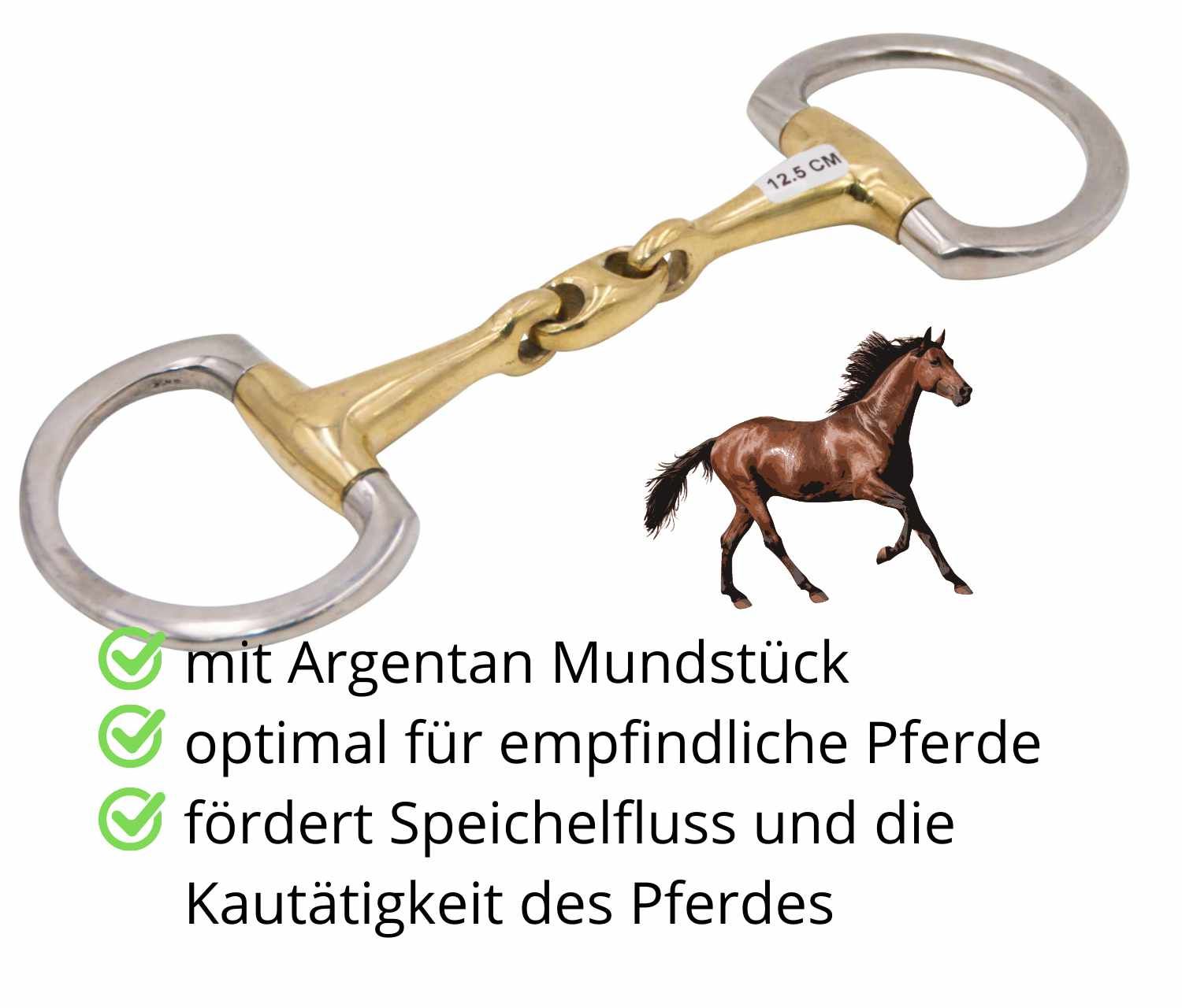 Doppelt gebrochenes Olivenkopfgebiss mit Argentan Mundstück. Größe 12,5 cm. Text: fördert Speichelfluss und Kautätigkeit des Pferdes.