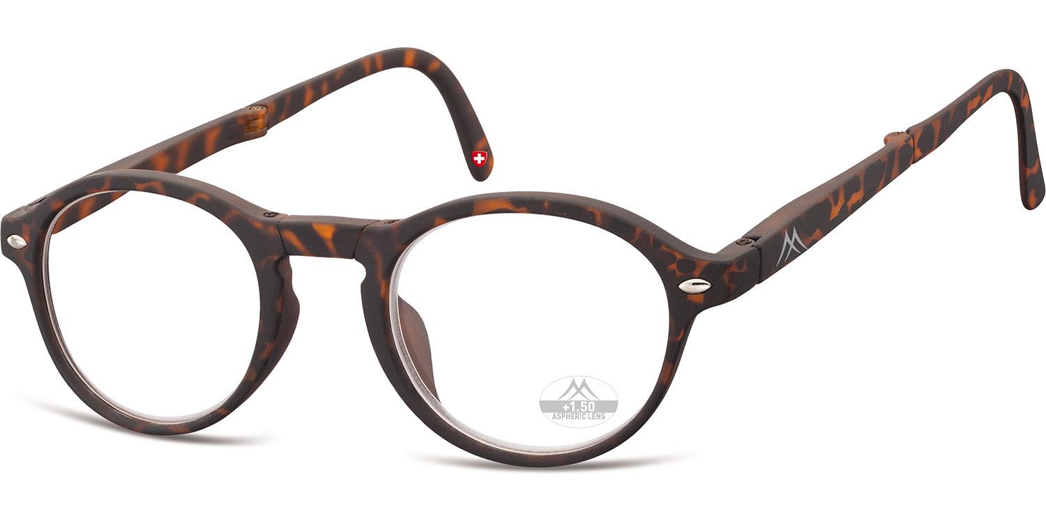 Runde Lesebrille, braun gemustert. Bügel und Rahmen mit Logo. Schweizer Kreuz am Bügel. Gläser mit +1.50.